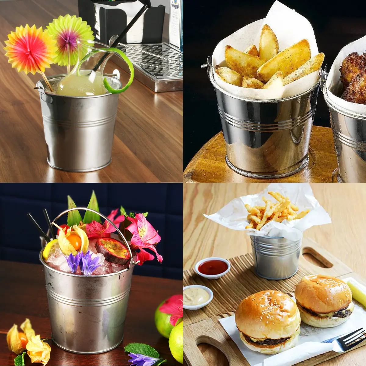 6 Pcs Tinplate French Fries Bucket Cooler with Handle Ice Cube Container Mini Refrigerator Food Serving Storage Beer