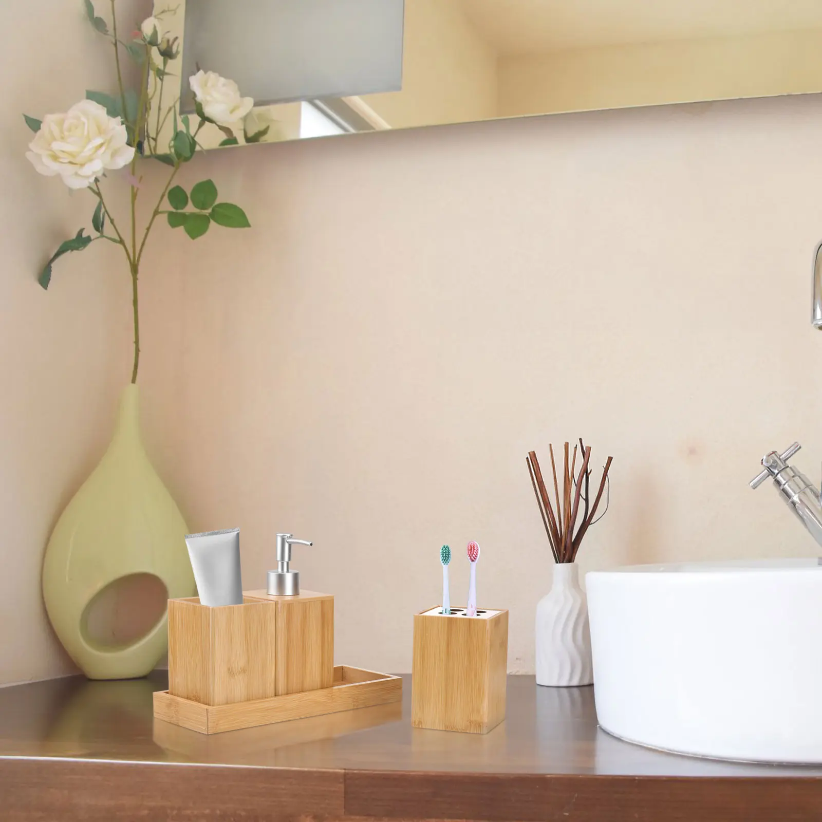 4pcs Wood Bathroom Set Bamboo Bathroom Accessory Set Easy Clean Toothbrush Cup Family Bath Accessories Organized Home