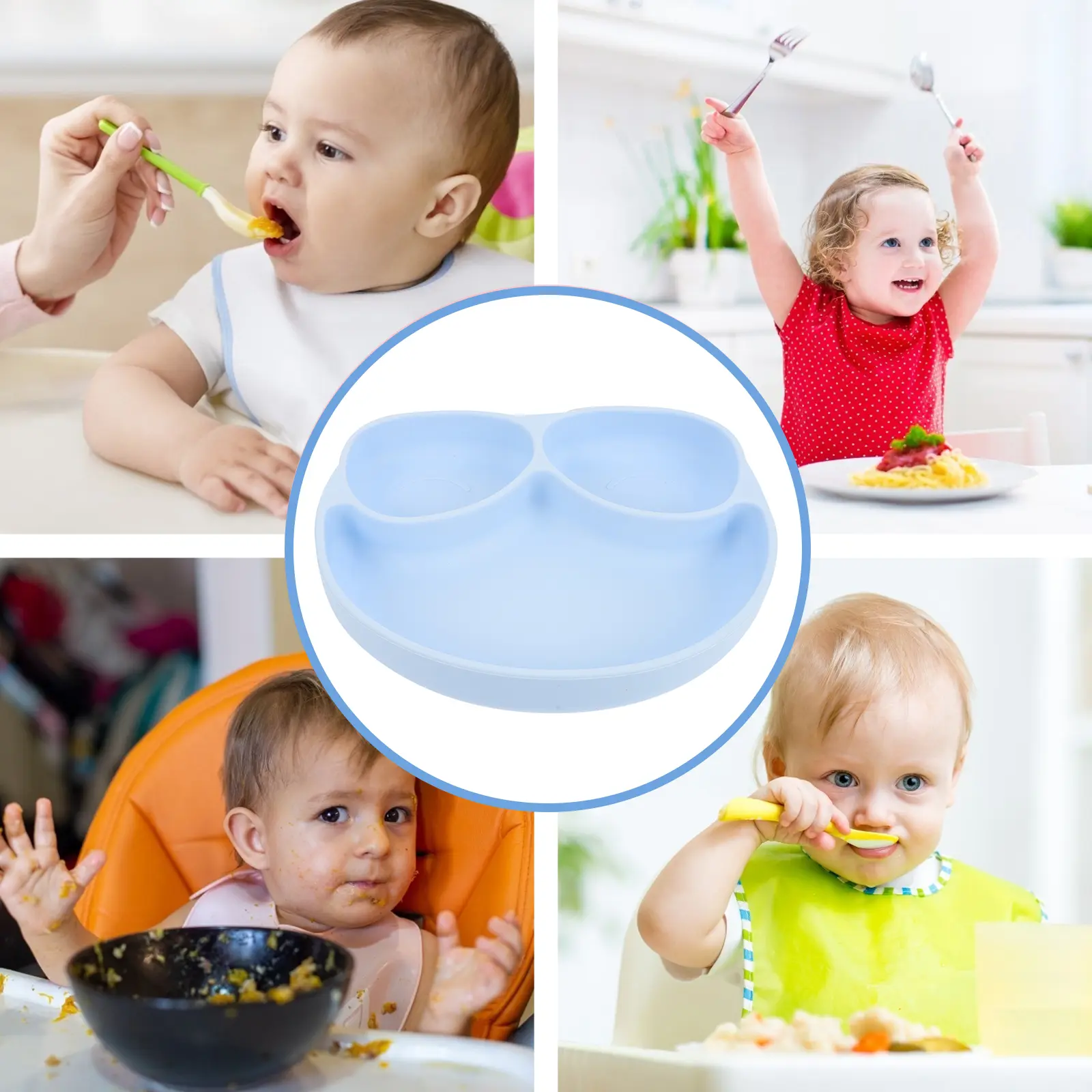 Silicone Baby Plates Toddler Suction Plate Set Green Color Divided Design Food Grade Healthy Reusable Kids Dinner Tray