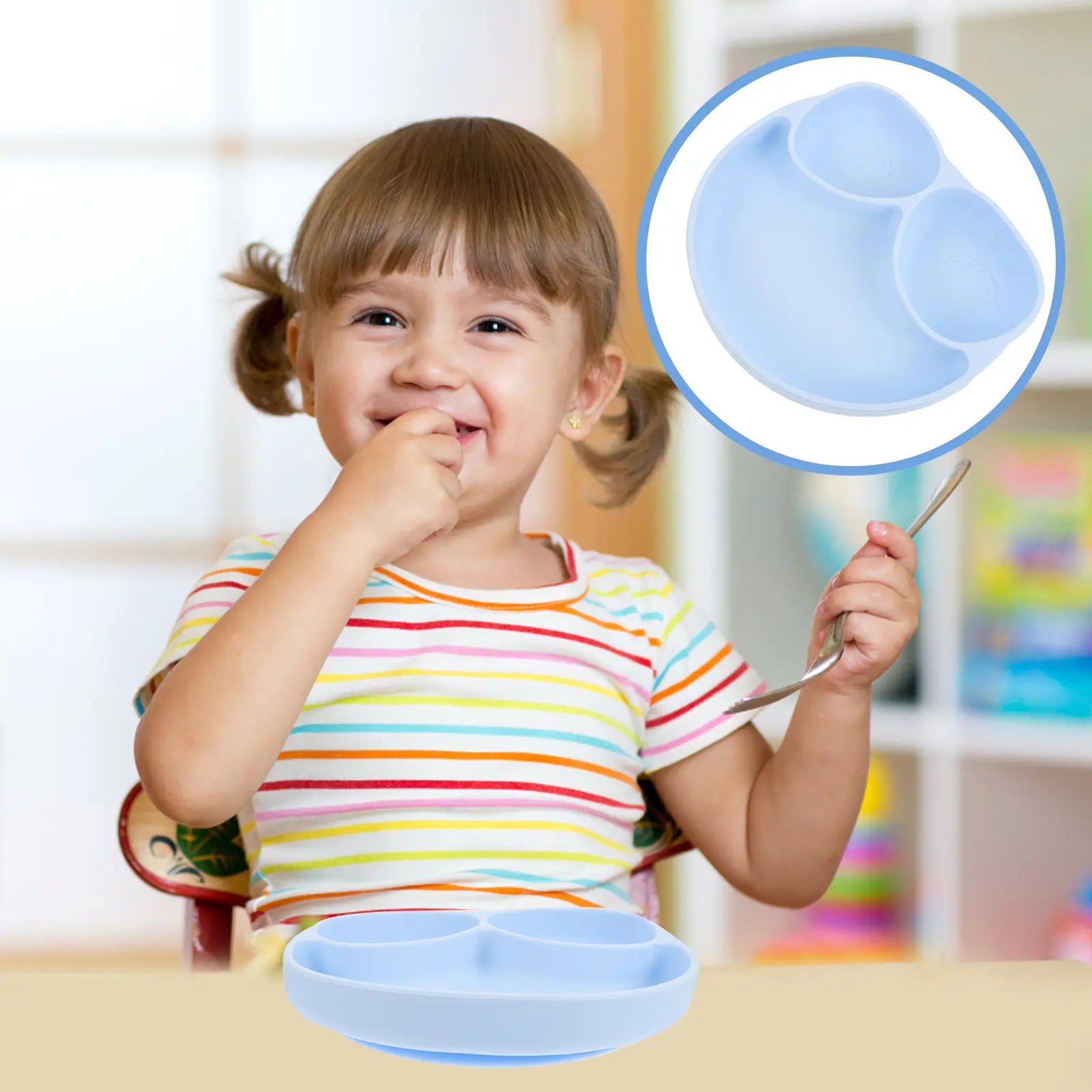 Silicone Baby Plates Toddler Suction Plate Set Green Color Divided Design Food Grade Healthy Reusable Kids Dinner Tray
