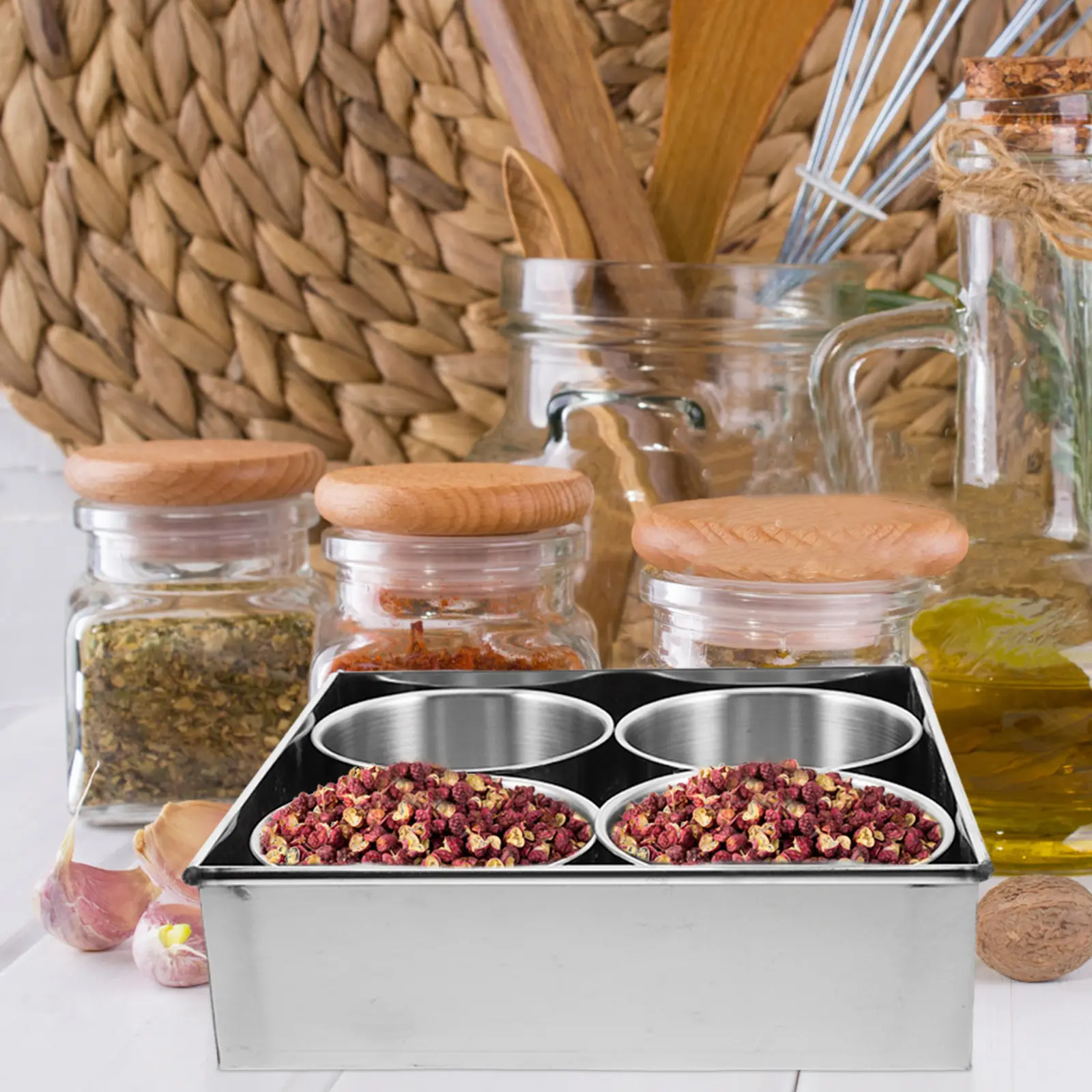 4 Compartment Stainless Steel Spice Box Sauce Condiment Storage Container Airtight Lid Kitchen Household ganization Silver Bin