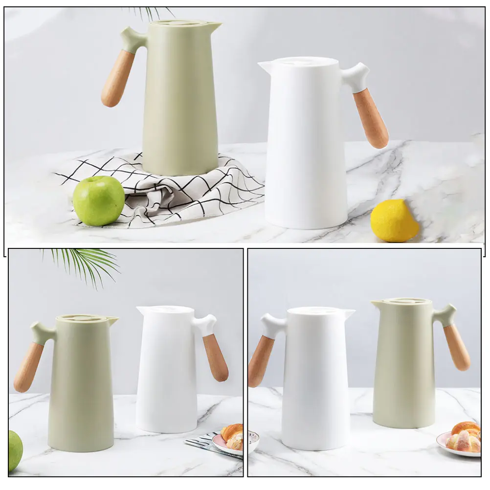 2PCS Thermal Bottle Insulated Jug Kettle Glass Liner Wood Handle Leakproof Warm Keeping Pot for Home Office Travel Large