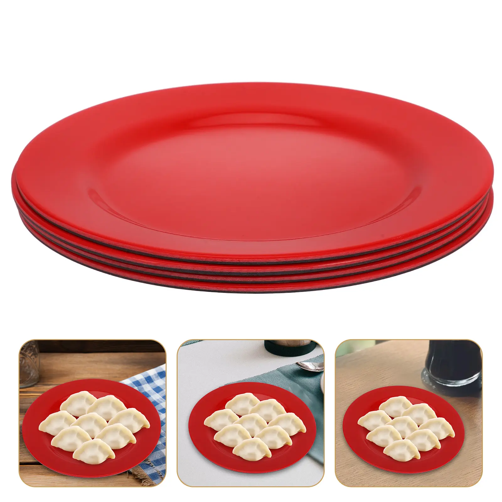 4pcs Melamine Plates Tableware Set Red Black Dishes Reusable Plastic Heat Resistant Dinnerware Snack Container Round
