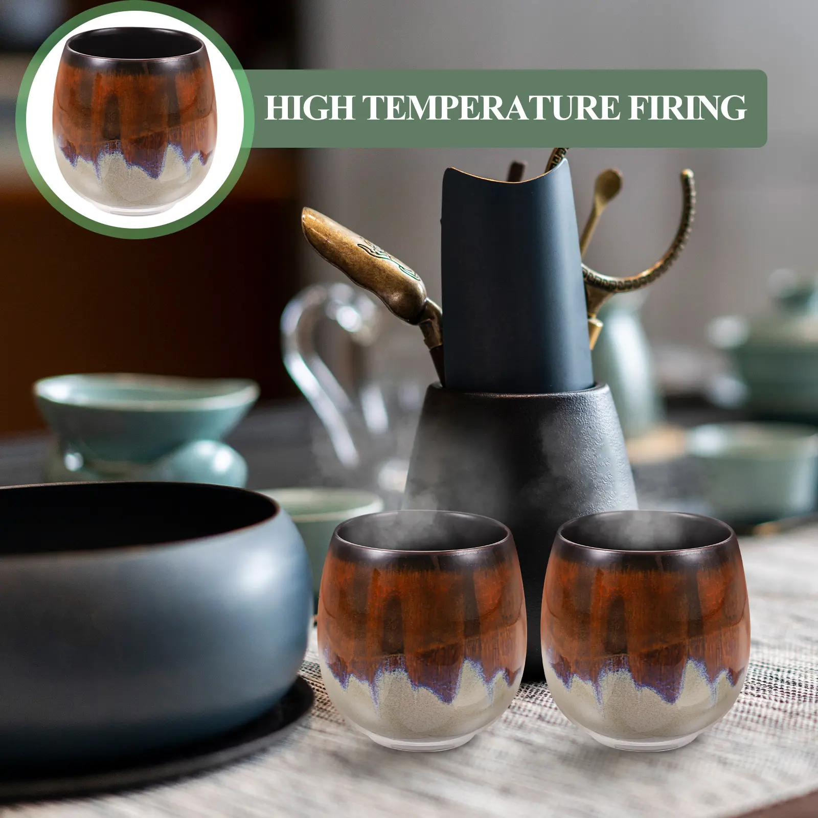Retro Creative Pattern Ceramic Coffee Cup Stoneware Japanese Tea Cup Teacups Teaware Household Compact Matcha Mug