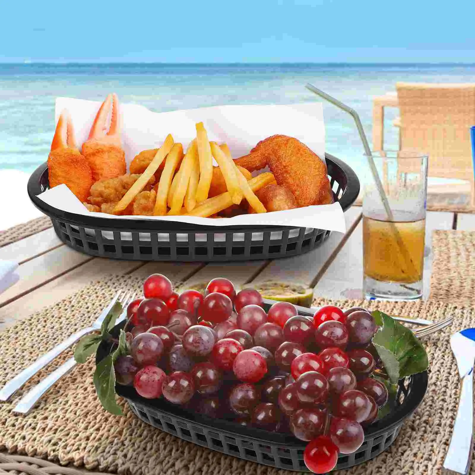 12 Pcs Large Capacity Plastic Food Baskets Sturdy Oval Hollow Out Design Stackable Serving Trays For Fried Chicken French Fries