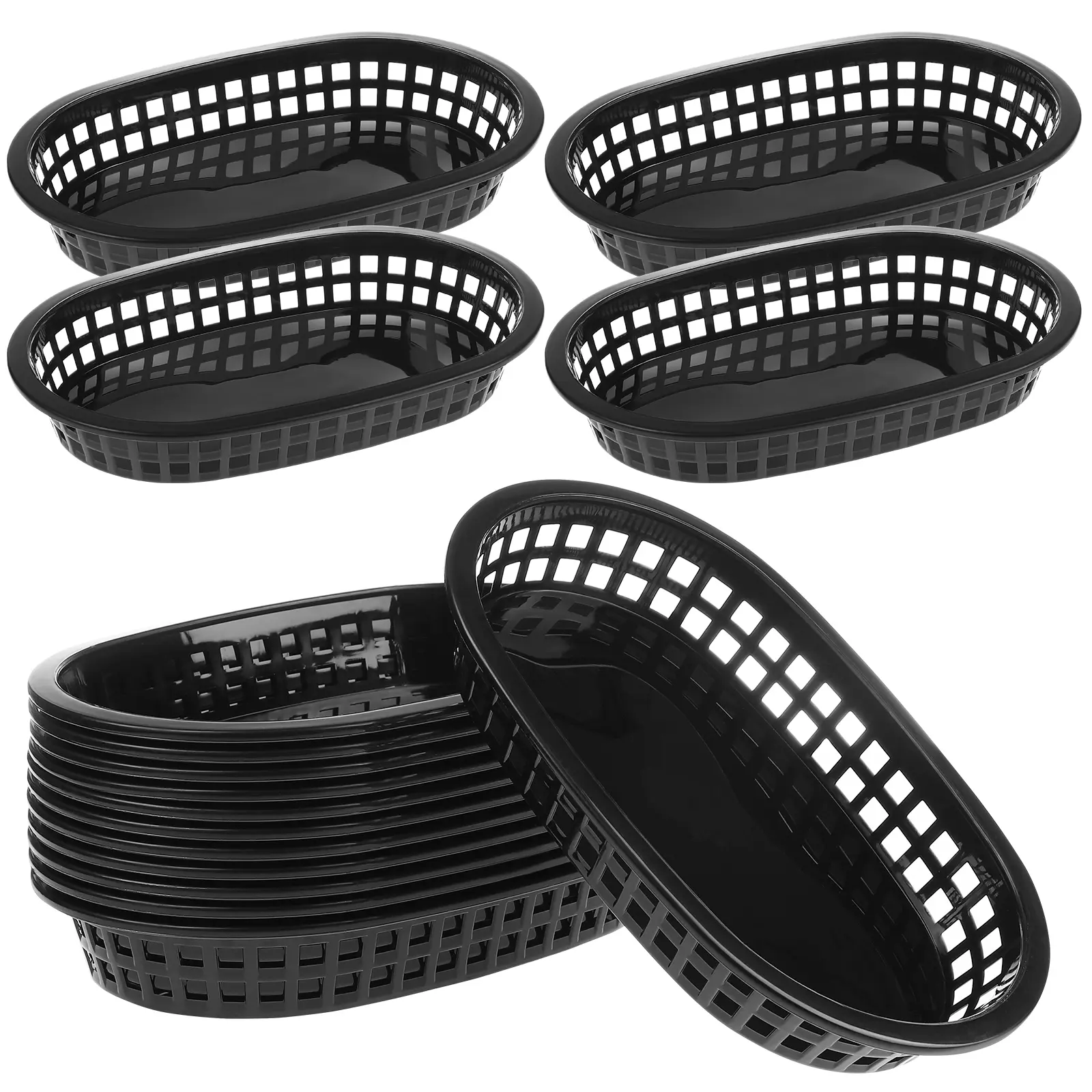 12 Pcs Large Capacity Plastic Food Baskets Sturdy Oval Hollow Out Design Stackable Serving Trays For Fried Chicken French Fries