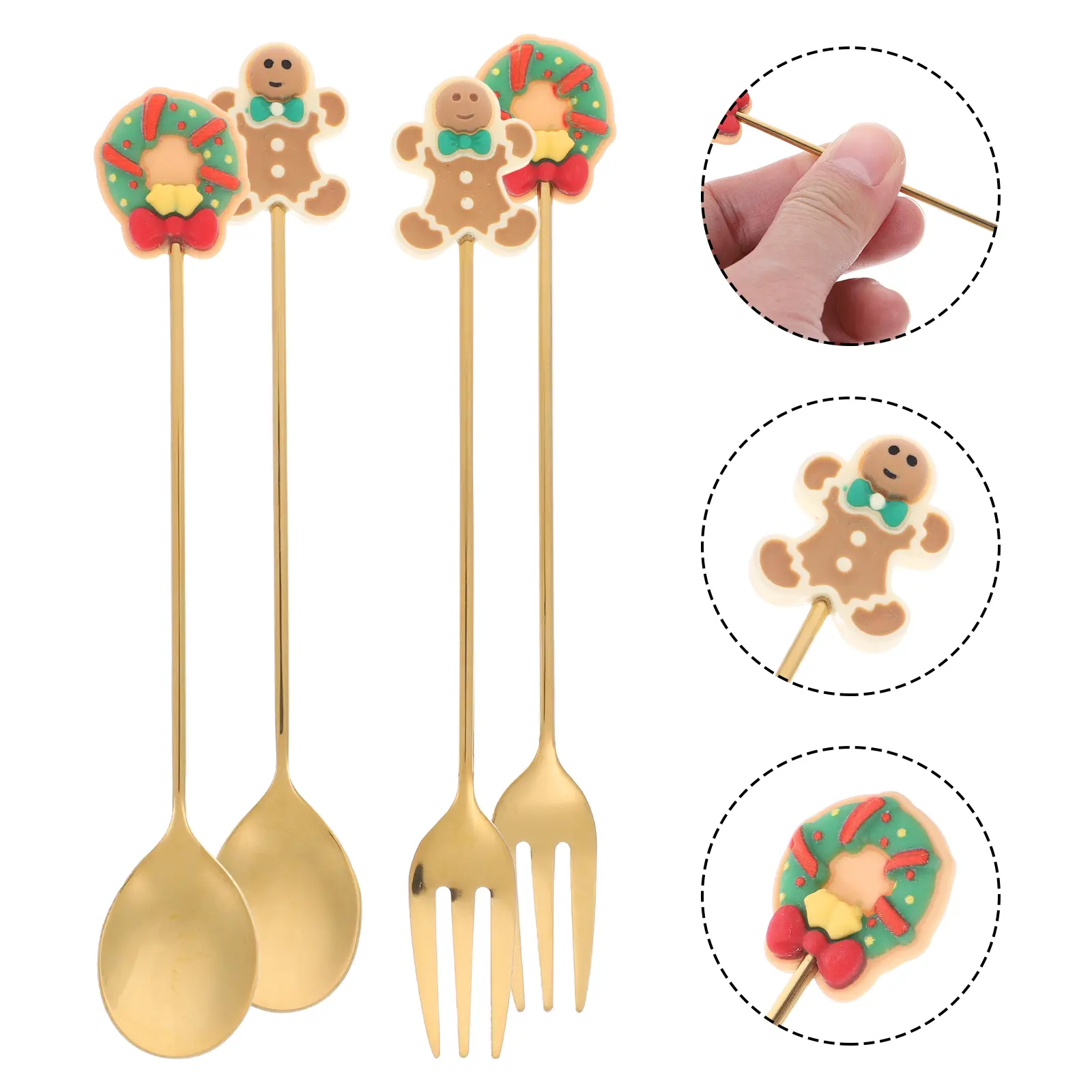 1 set Plastic Dessert Spoons Stainless Steel Forks Party Supplies Smooth Edges Christmas Cutlery Spoon Fork Long H
