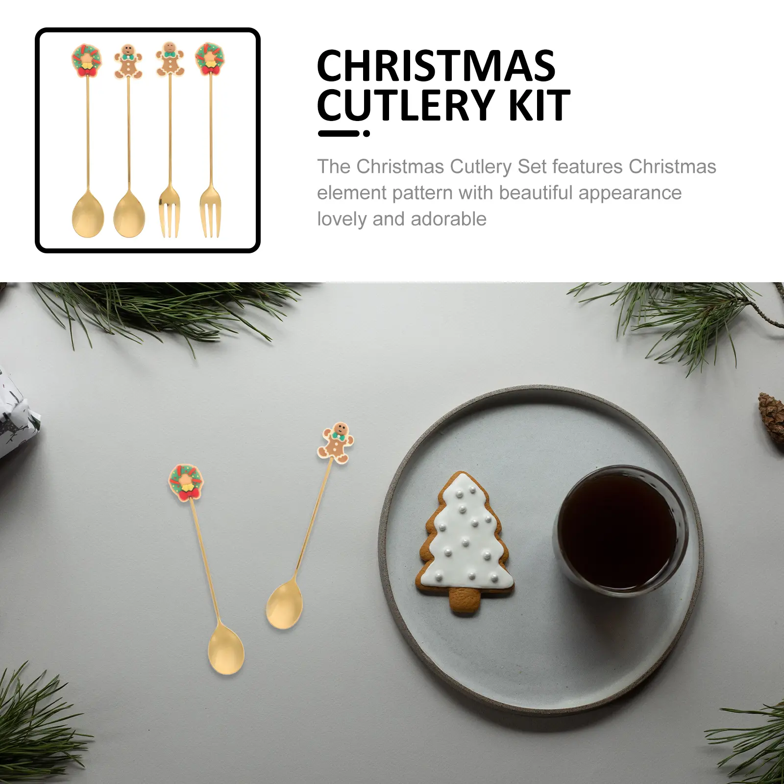 1 set Plastic Dessert Spoons Stainless Steel Forks Party Supplies Smooth Edges Christmas Cutlery Spoon Fork Long H