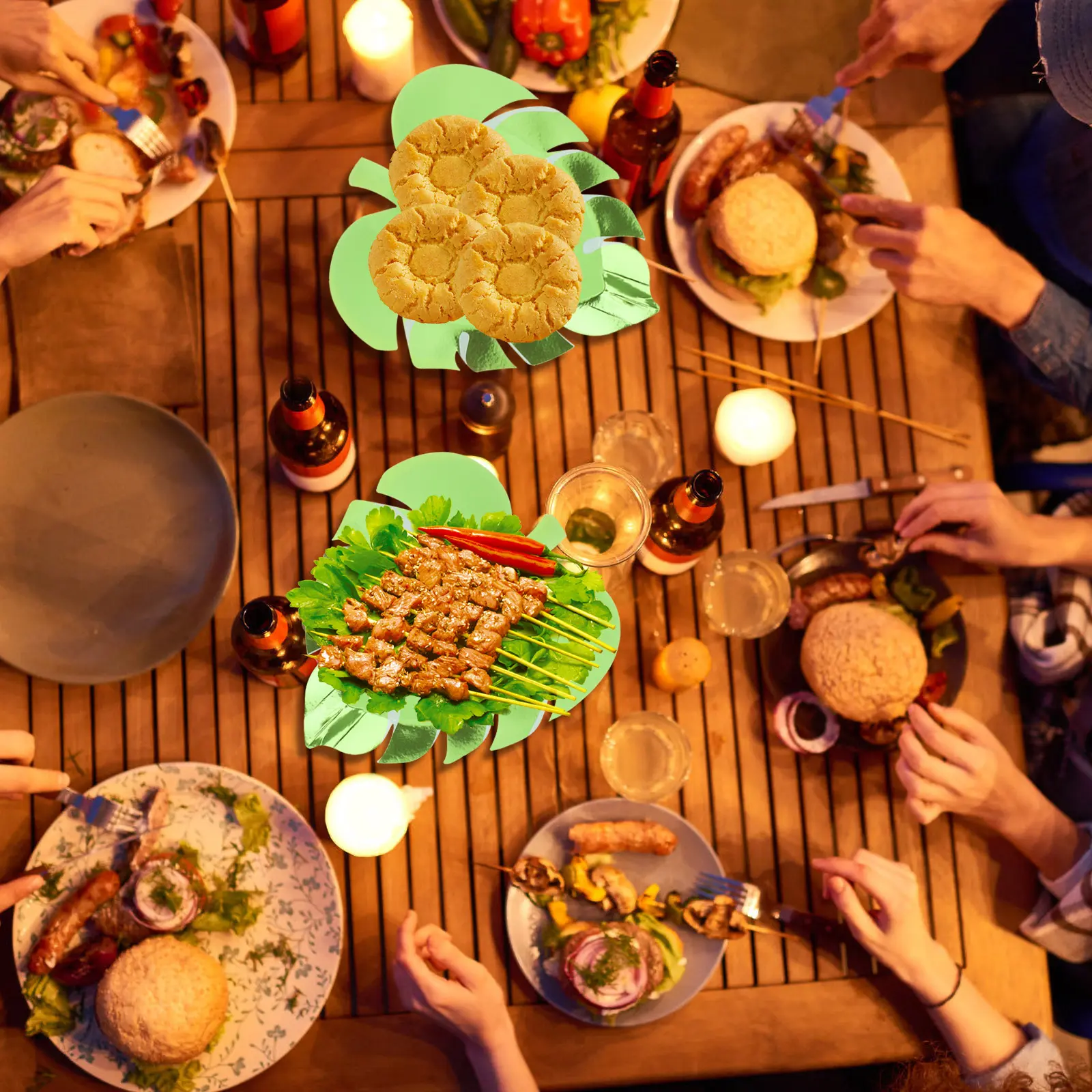 16 Pcs Disposable Paper Plates Green Leaf Shape Party Food Meal Dish Festival Dinner Gathering Kitchen Barware