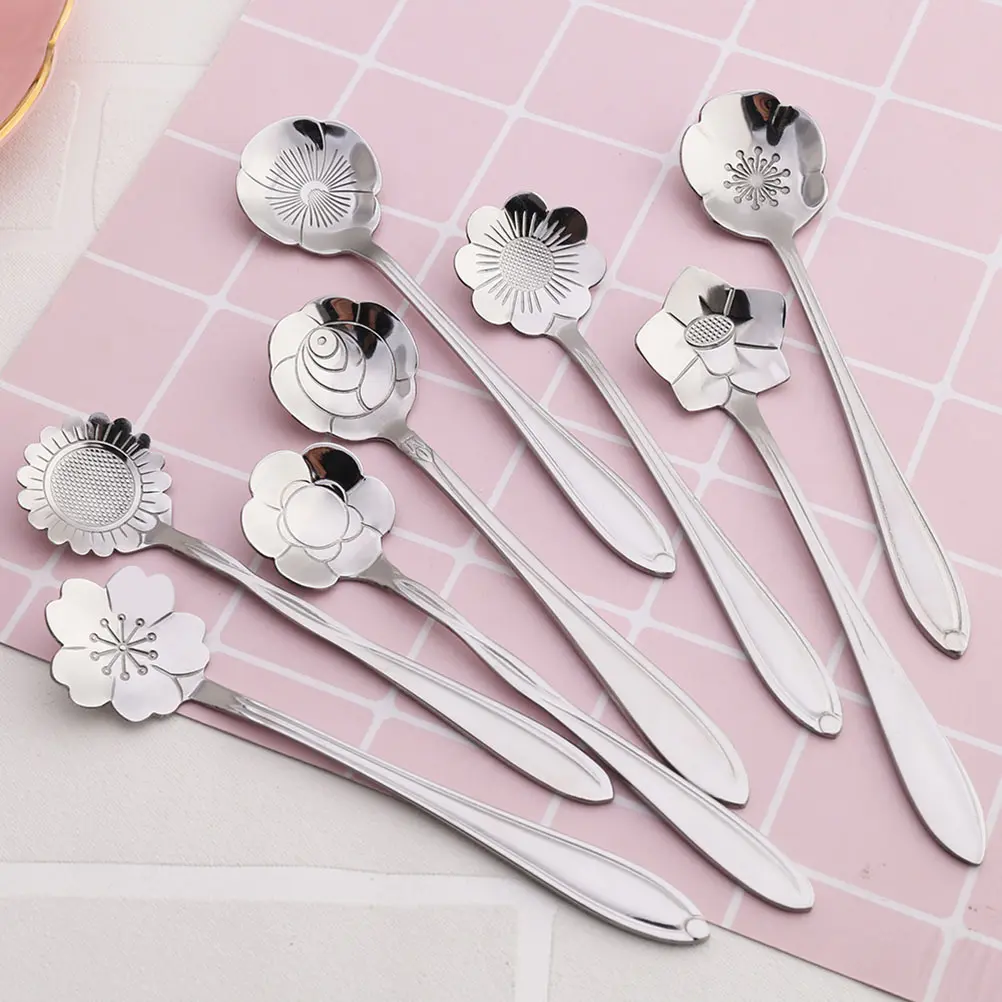 8pcs Flower Design Coffee Tea Scoop Easy Clean Flower Stainless Steel Spoon Kitchen Bar Tea Spoon Use