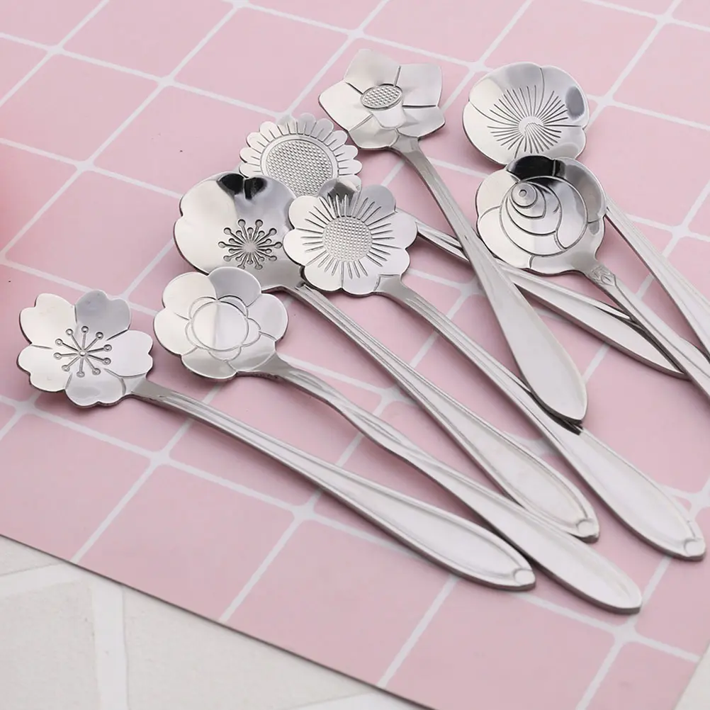 8pcs Flower Design Coffee Tea Scoop Easy Clean Flower Stainless Steel Spoon Kitchen Bar Tea Spoon Use