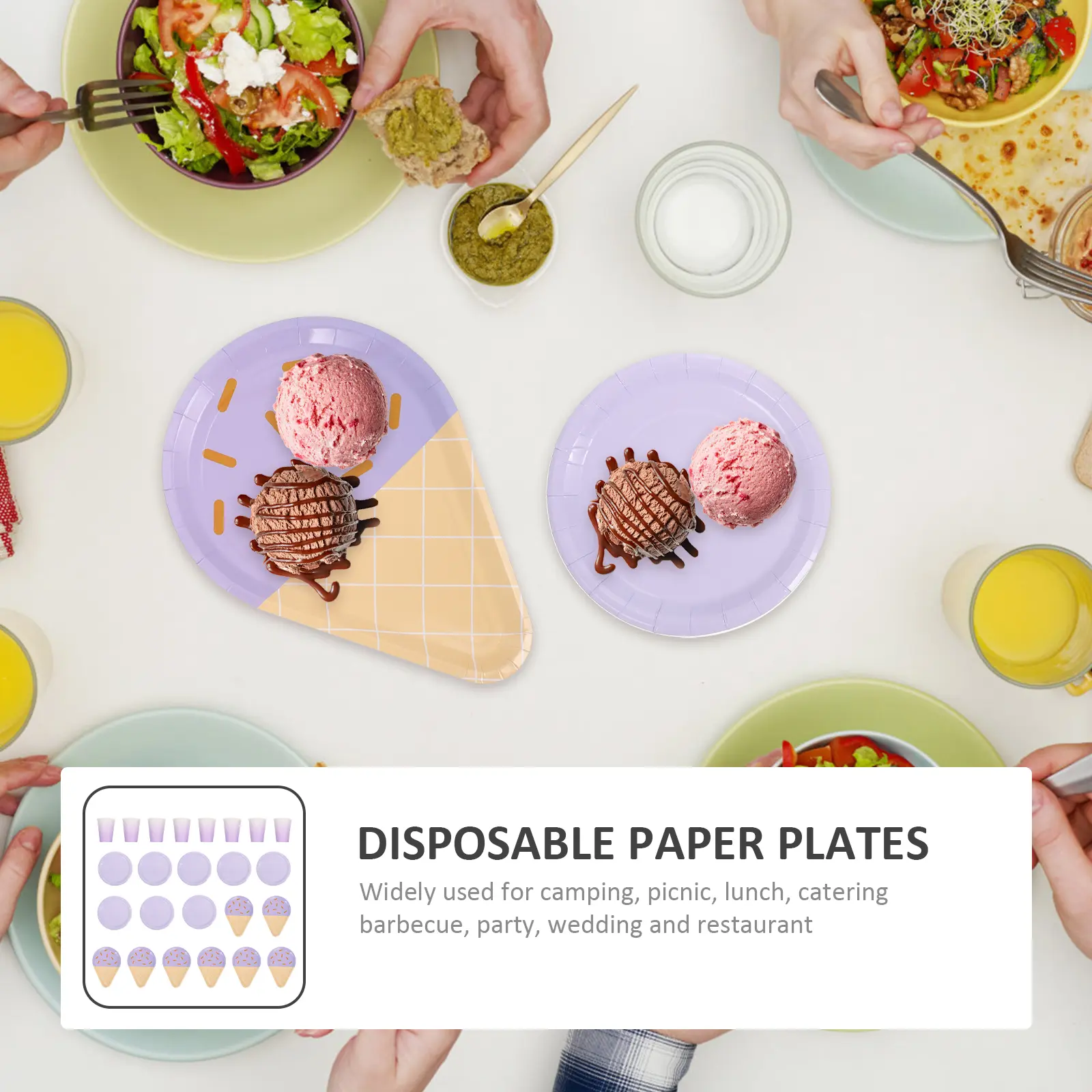 Ice Cream Paper Plates Cups Set Disposable Waterproof Lightweight Stackable Party Supplies Picnic Camping Wedding