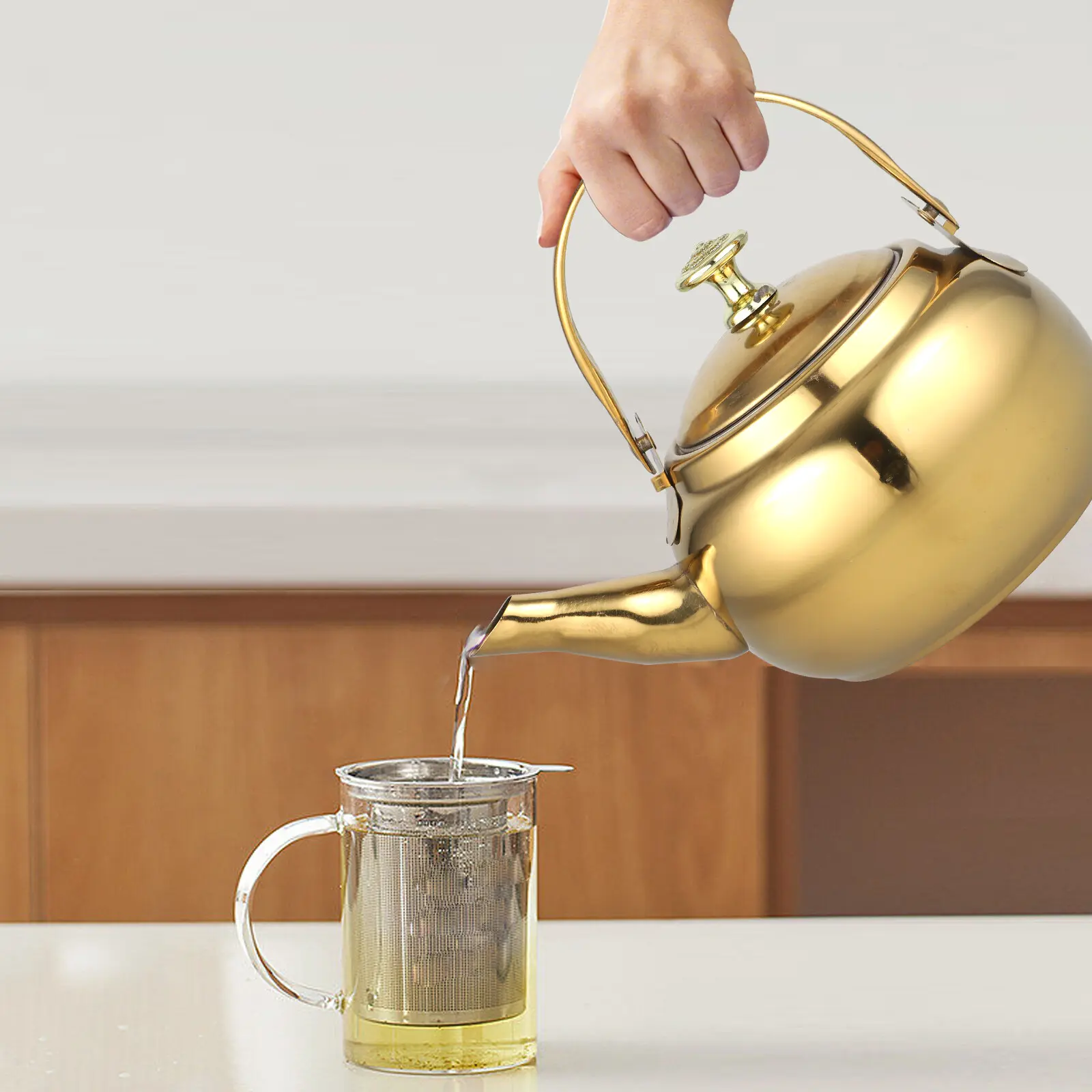 Golden Stainless Steel Insulated Handle Wide Spout Kettle With Filter Leak Proof Net Whistling Water Heater For Cooker Kitchen