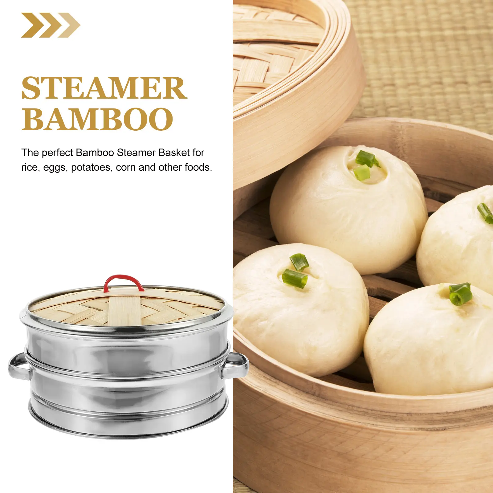 1 Set H Bamboo Steamer 30cm Stainless Steel Steamer Basket Edge Lid for Buns Dumplings Kitchen Appliances Reusable