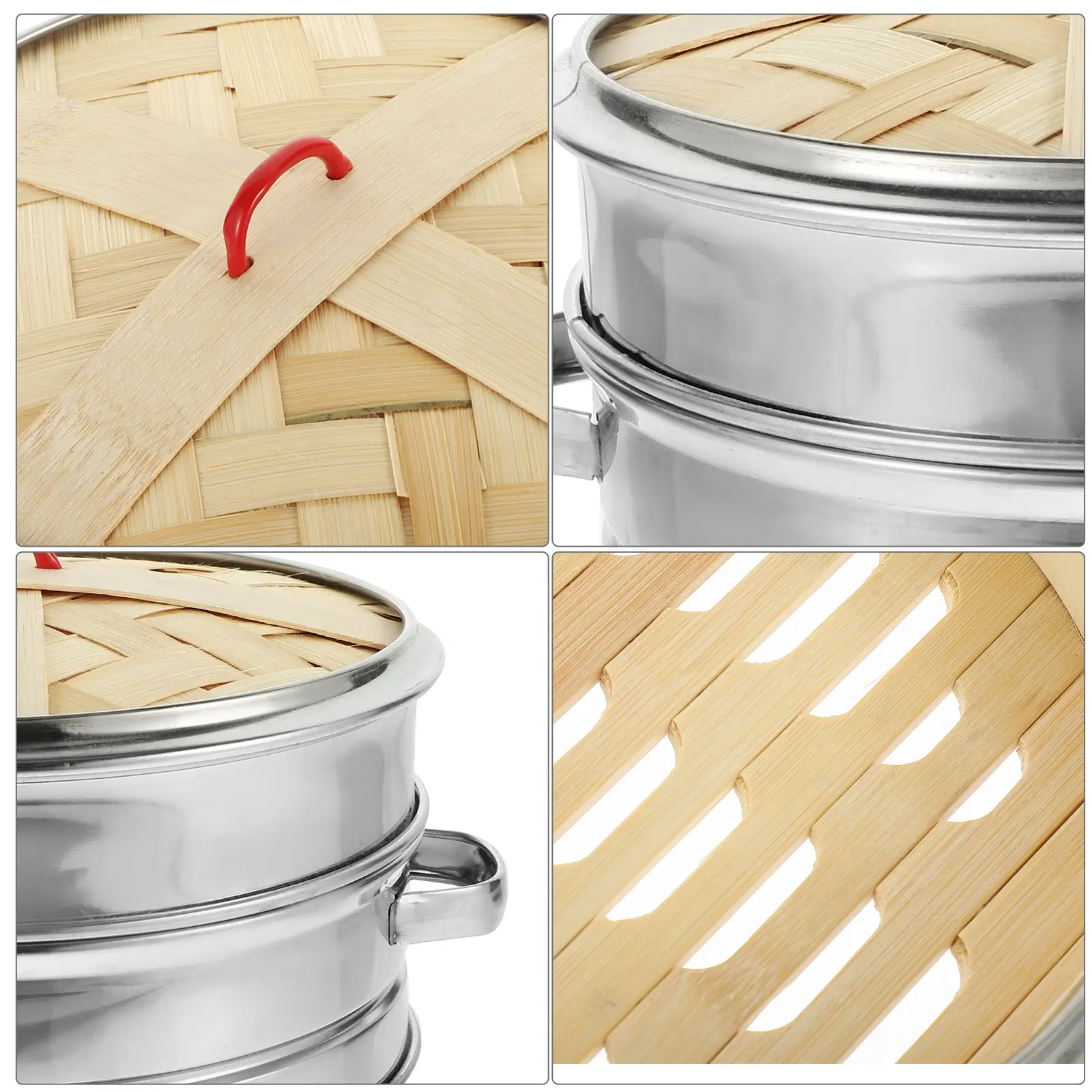 1 Set H Bamboo Steamer 30cm Stainless Steel Steamer Basket Edge Lid for Buns Dumplings Kitchen Appliances Reusable