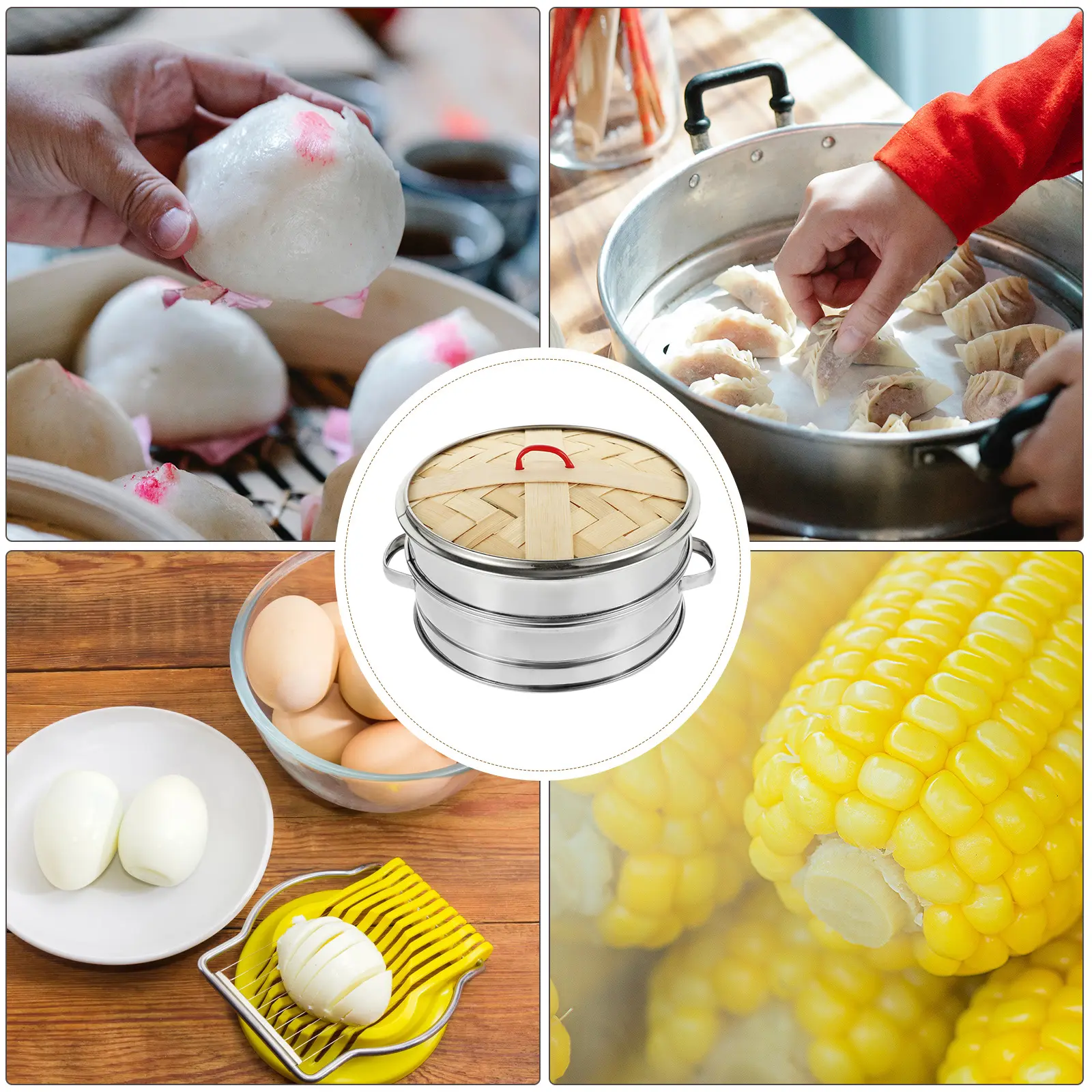 1 Set H Bamboo Steamer 30cm Stainless Steel Steamer Basket Edge Lid for Buns Dumplings Kitchen Appliances Reusable