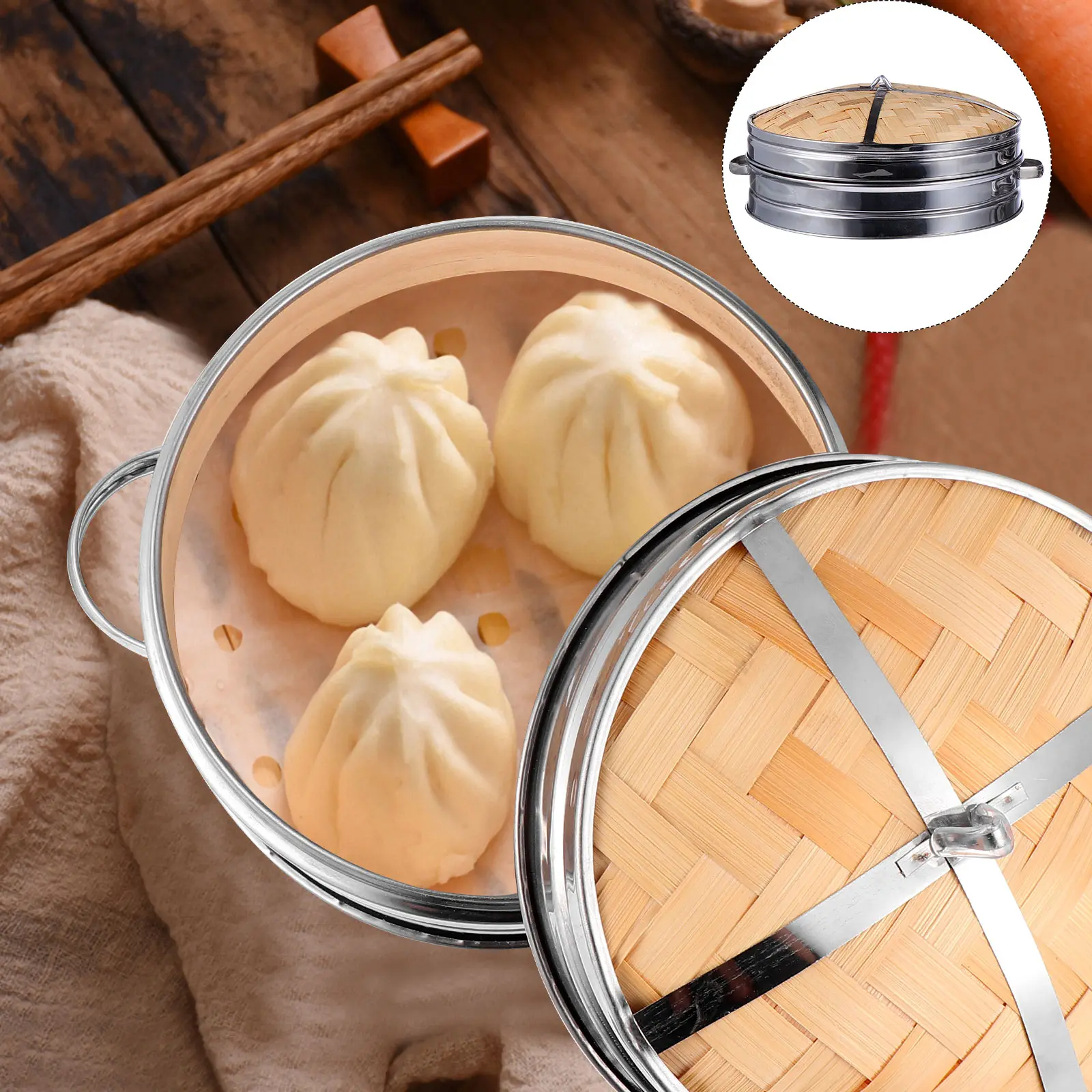 1 Set H Bamboo Steamer 30cm Stainless Steel Steamer Basket Edge Lid for Buns Dumplings Kitchen Appliances Reusable
