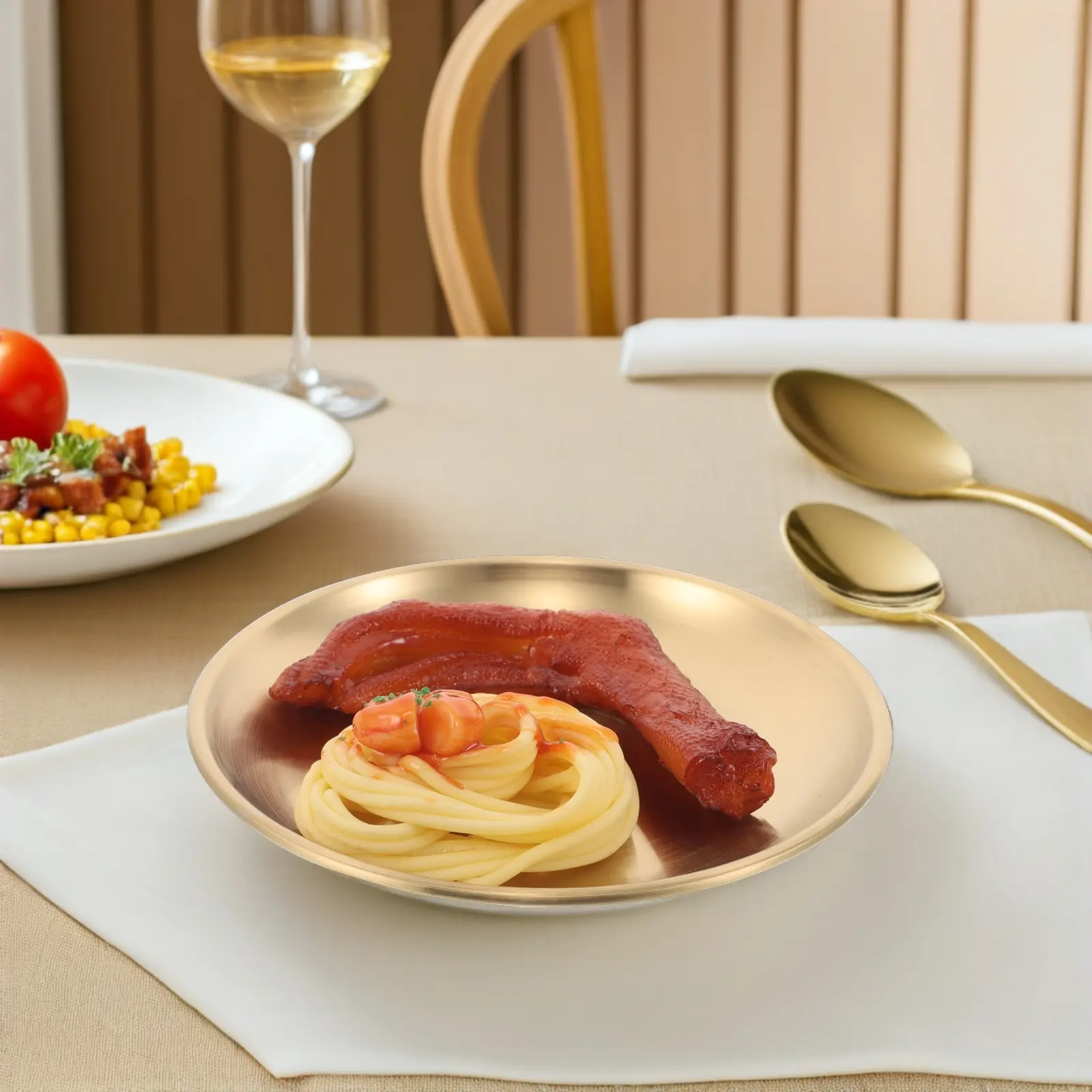 Stainless Steel Barbecue Pan Round Dessert Dish Snack Plate Salad Serving Platter