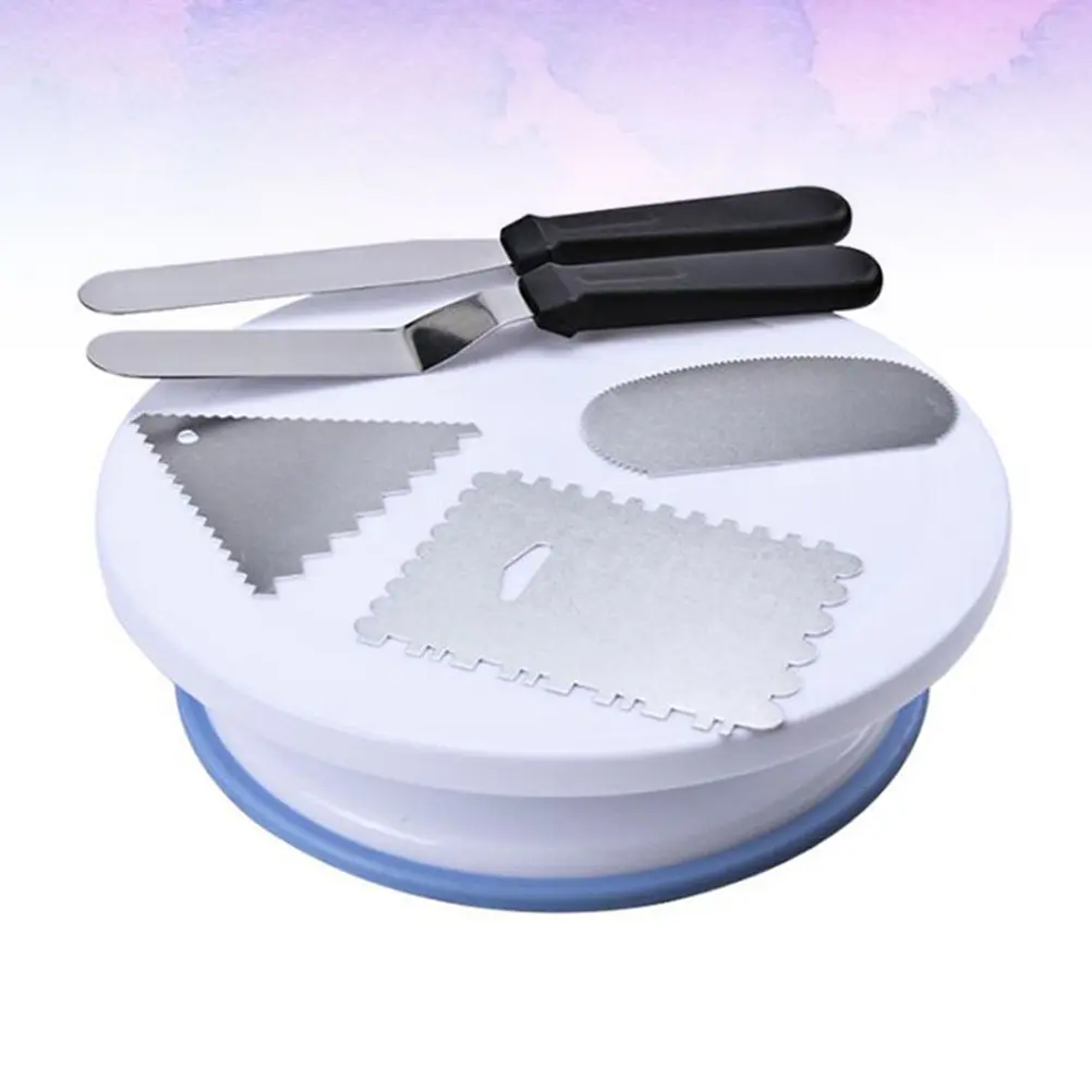 6pcs Cake Baking Tool Set 6 Inches Spatula Aluminum Scraper Turntable Blue Base Decorate Moulds Professional Home Use