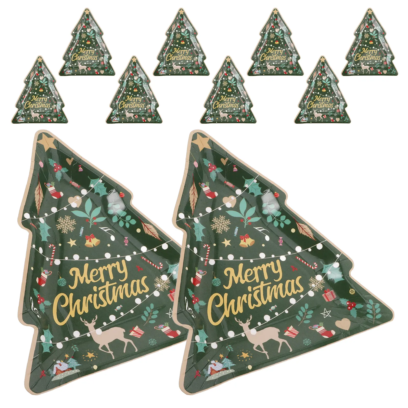 10pcs Christmas Tree Plates Holiday Decorative Disposable Dinner Dessert Gold Kids Party Paper Plates Winter Supplies