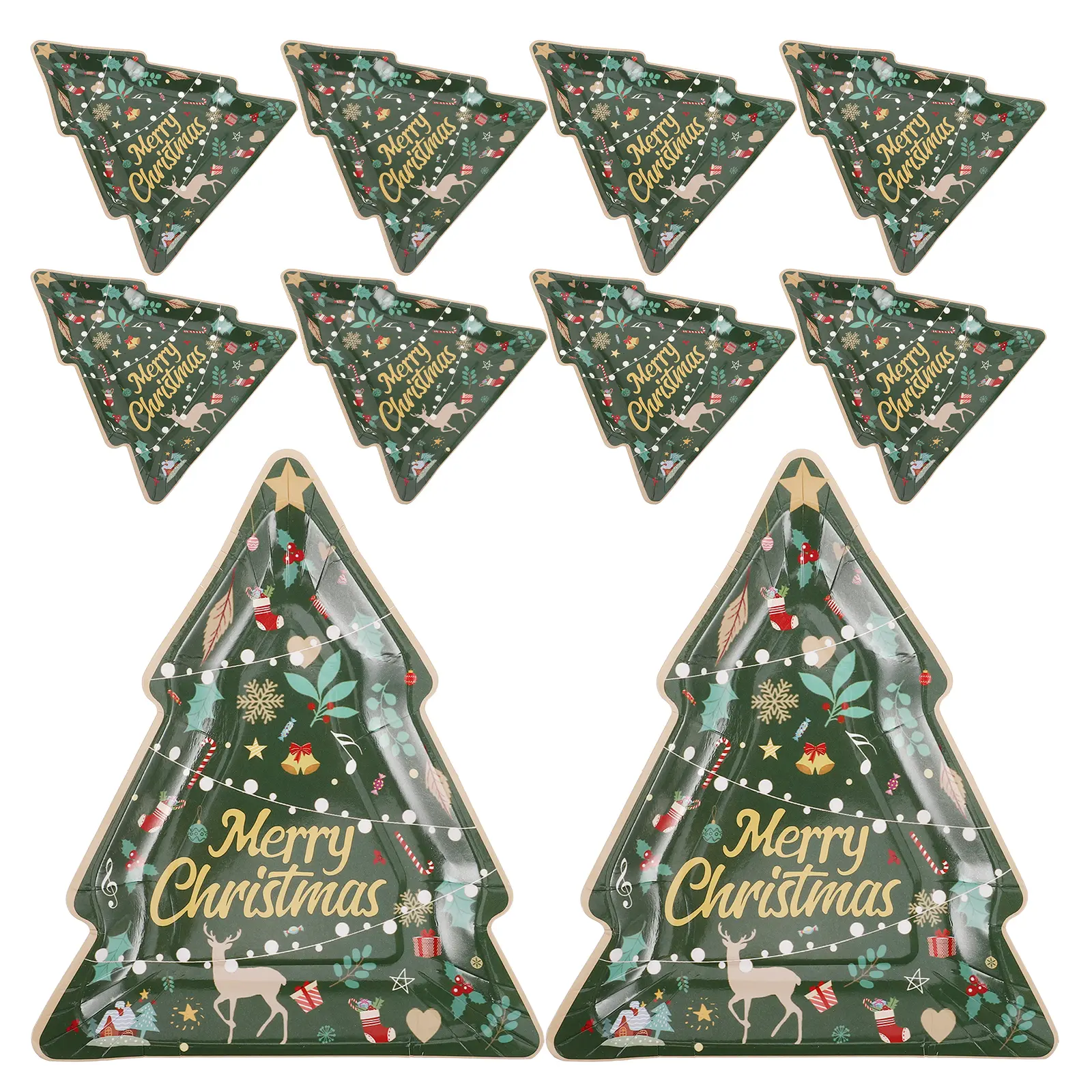 10pcs Christmas Tree Plates Holiday Decorative Disposable Dinner Dessert Gold Kids Party Paper Plates Winter Supplies