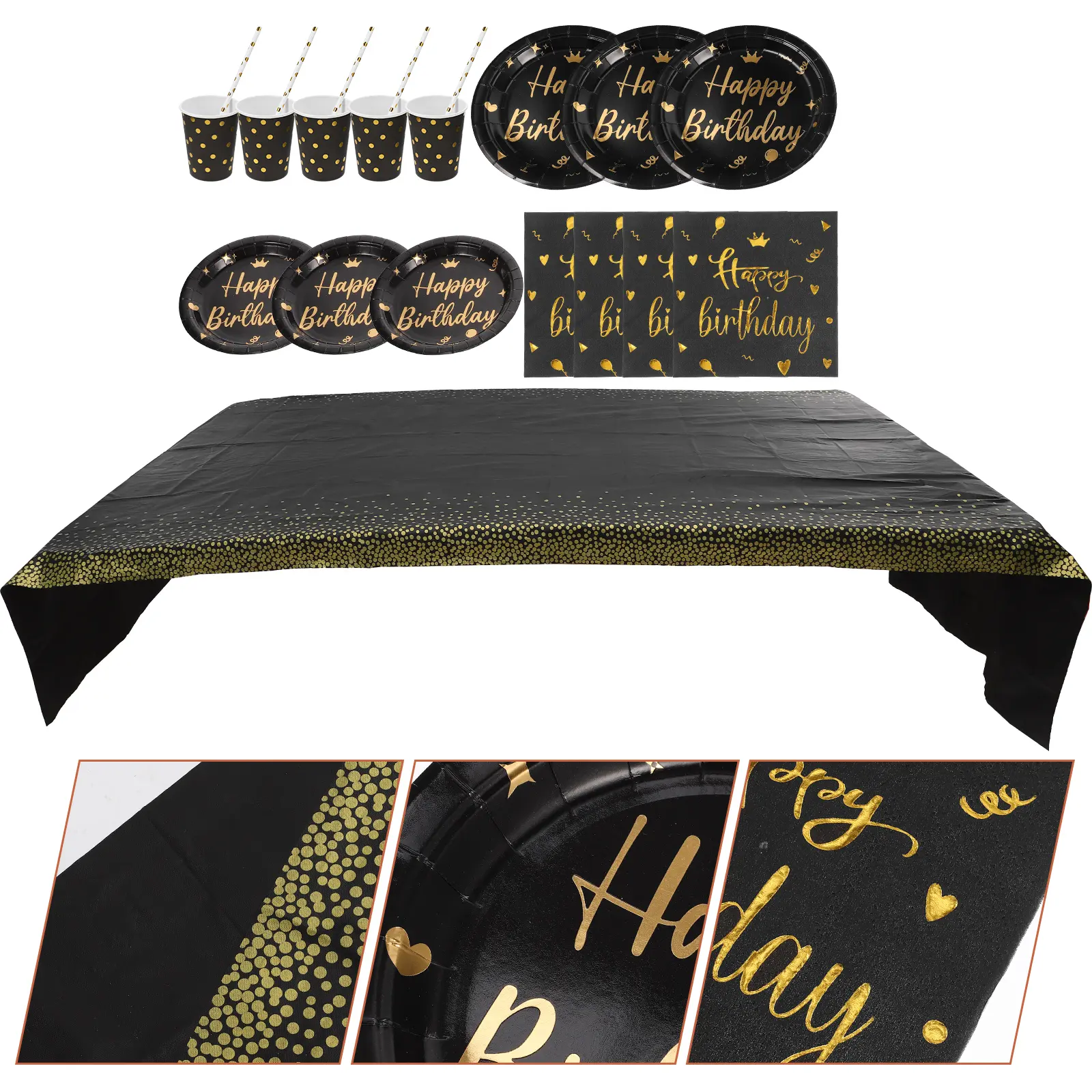 Black Birthday Tableware Disposable Plates Cups Napkins Kids Dinnerware Paper Cloth Safe Hygienic Cake Plates Party Use