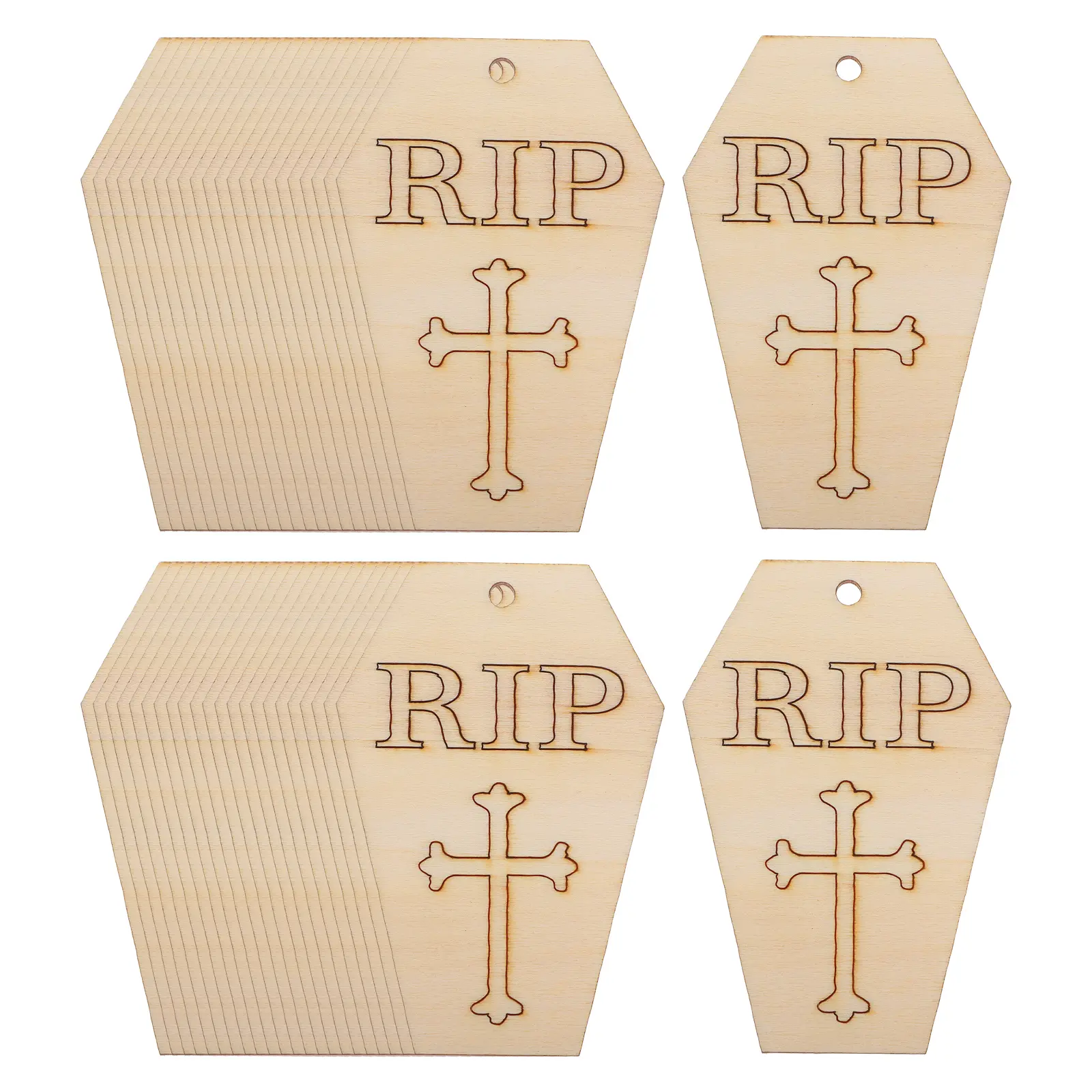50pcs Wooden Hanging naments DIY Wood Coffin Chips Kids Craft Toys Halloween Decor Safe Materials Creativity Skills Sewing