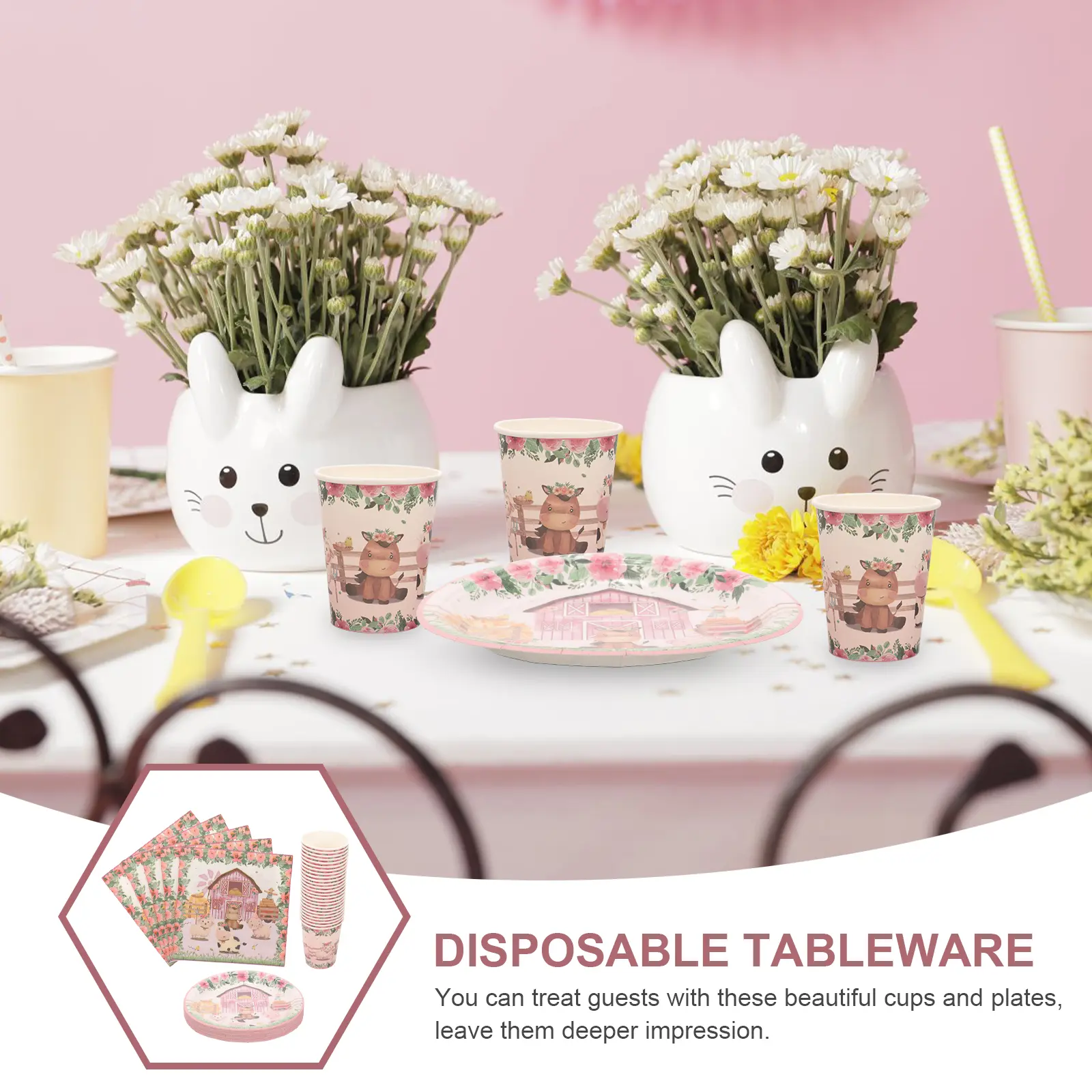 24 Pink Animal Plates Cups Napkins Party Supplies Decorations Farm Theme Baby Shower Decorations Baby Shower Disposable