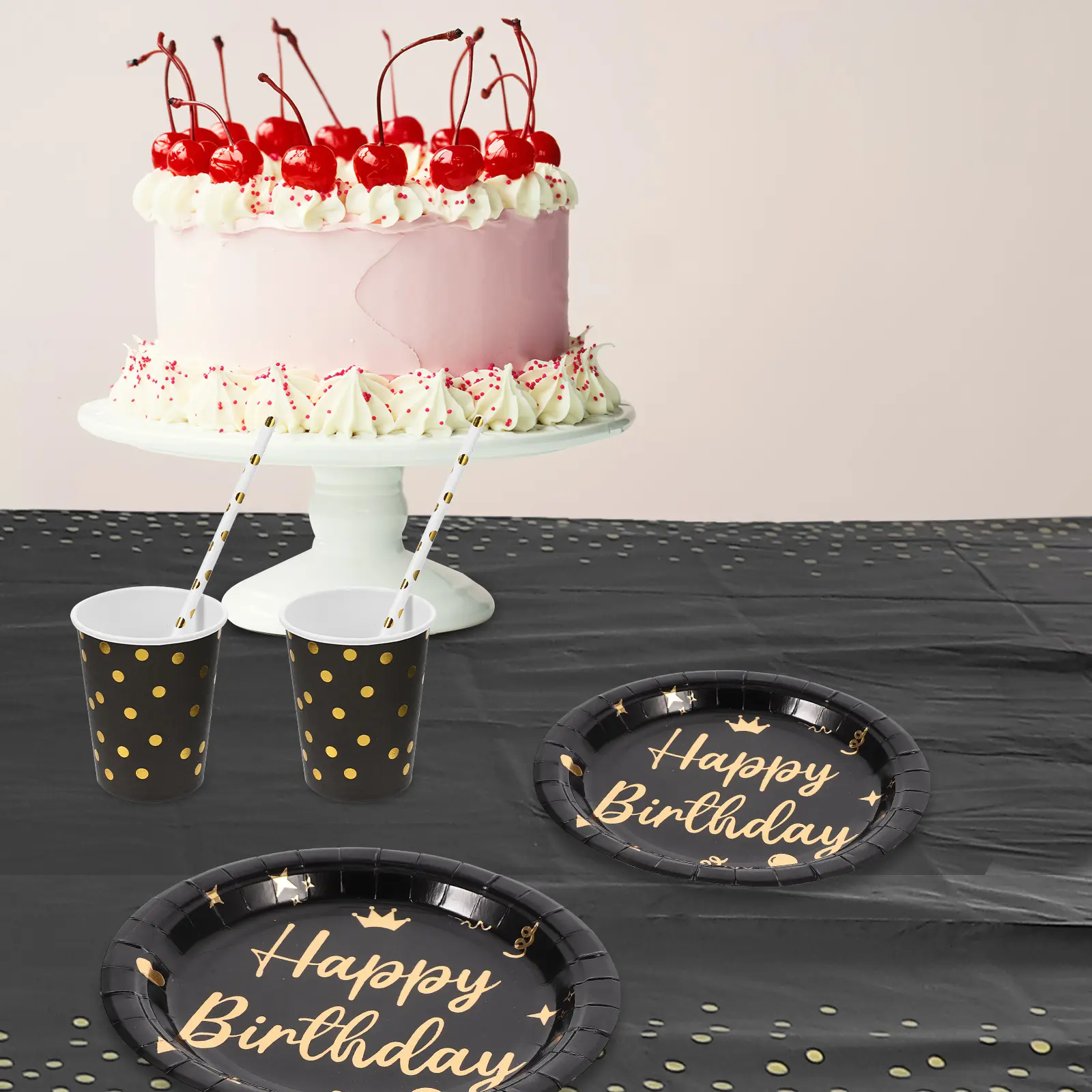 Black Birthday Tableware Disposable Plates Cups Napkins Kids Dinnerware Paper Cloth Safe Hygienic Cake Plates Party Use