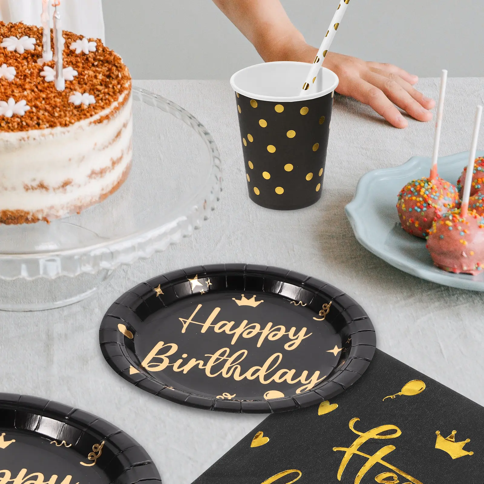 Black Birthday Tableware Disposable Plates Cups Napkins Kids Dinnerware Paper Cloth Safe Hygienic Cake Plates Party Use