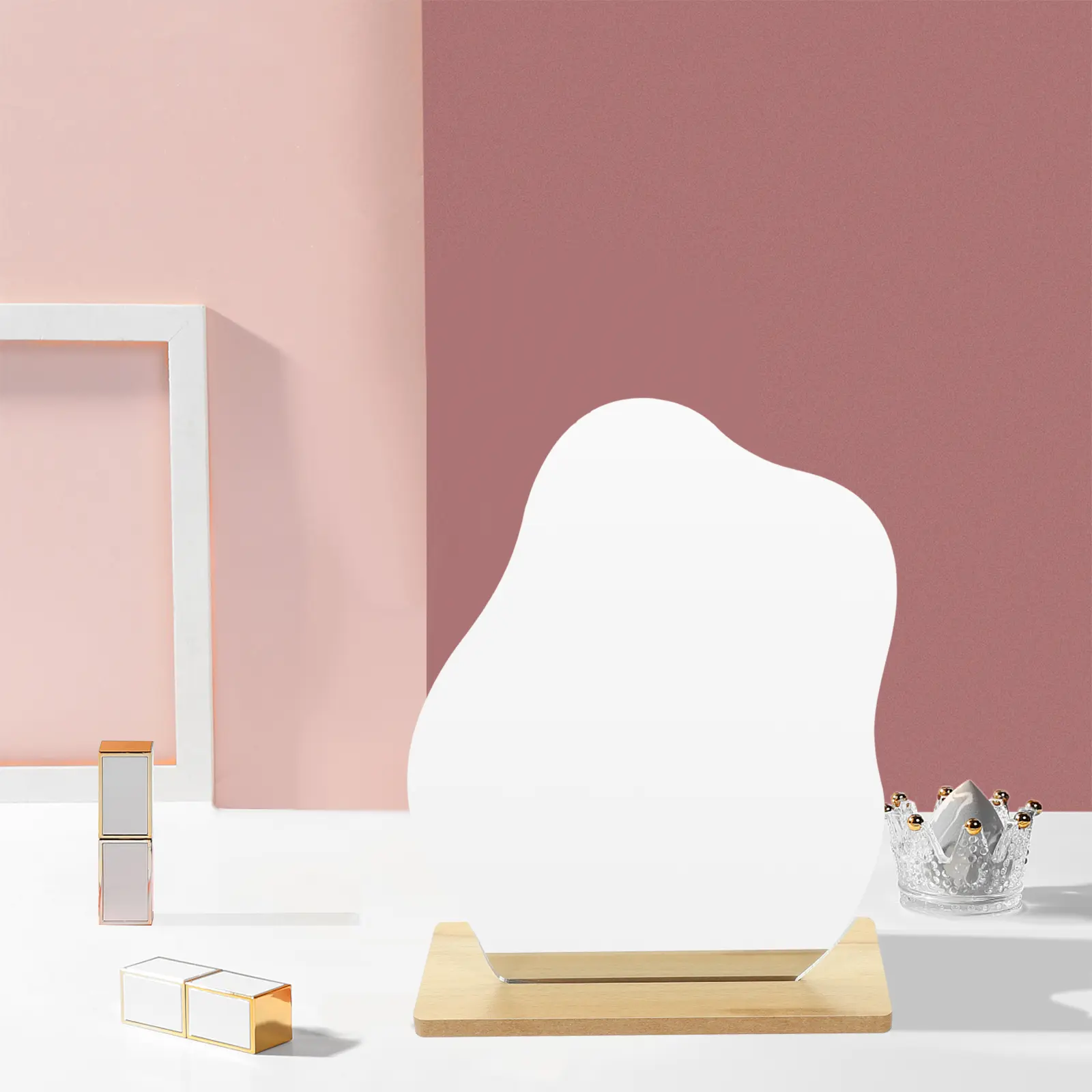 Irregular Flip Vanity Mirror with Wooden Stand for Bedroom Bathroom Desk Home Decor Portable Makeup Mirrors Acrylic Surface