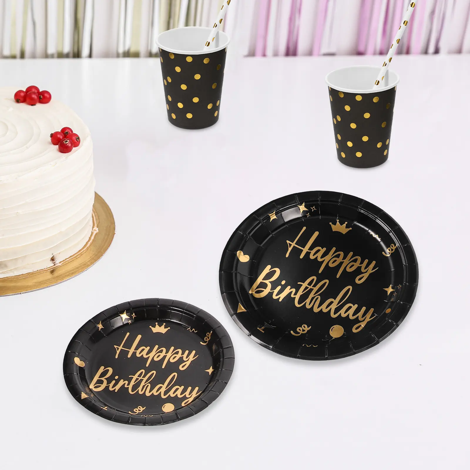Black Birthday Tableware Disposable Plates Cups Napkins Kids Dinnerware Paper Cloth Safe Hygienic Cake Plates Party Use