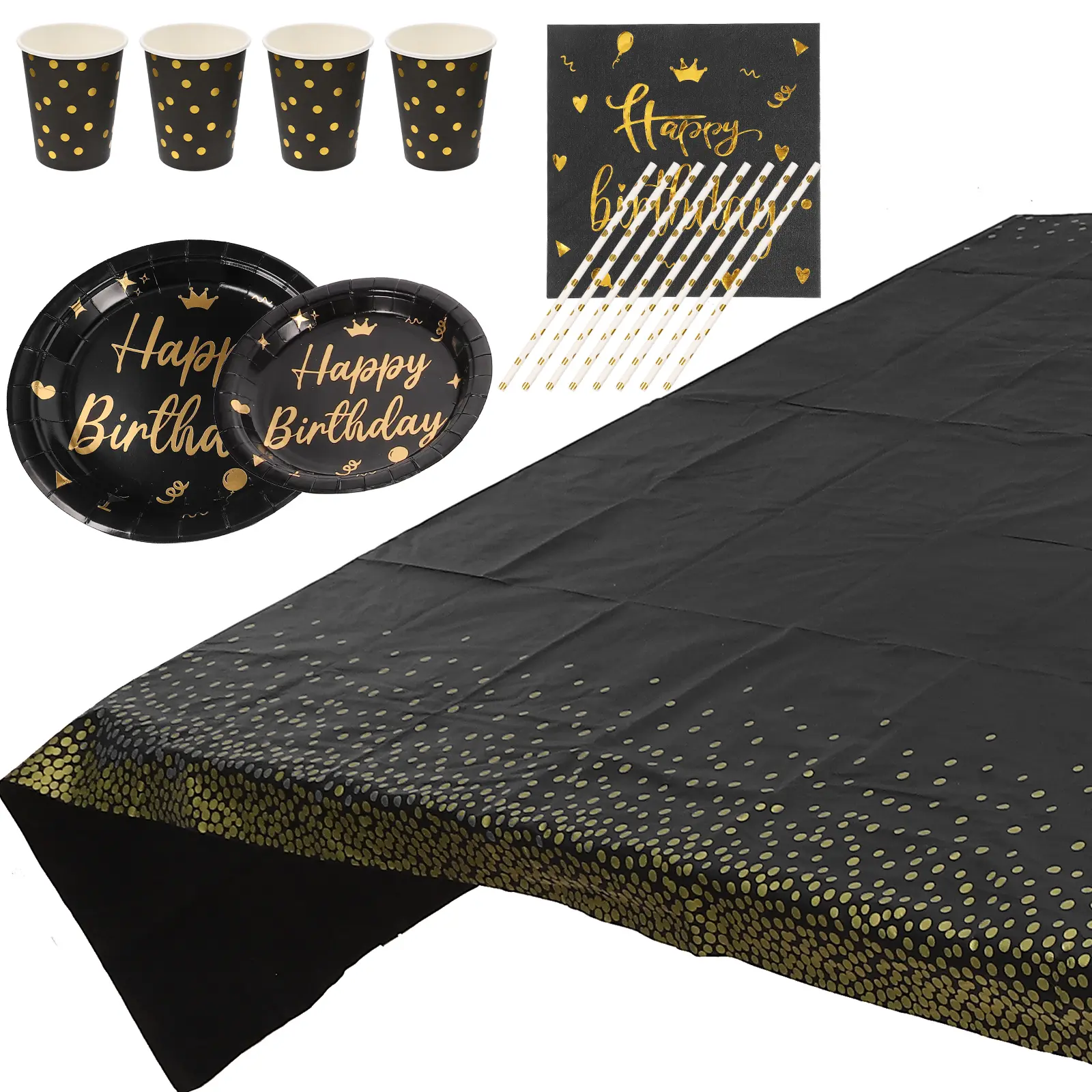 Black Birthday Tableware Disposable Plates Cups Napkins Kids Dinnerware Paper Cloth Safe Hygienic Cake Plates Party Use
