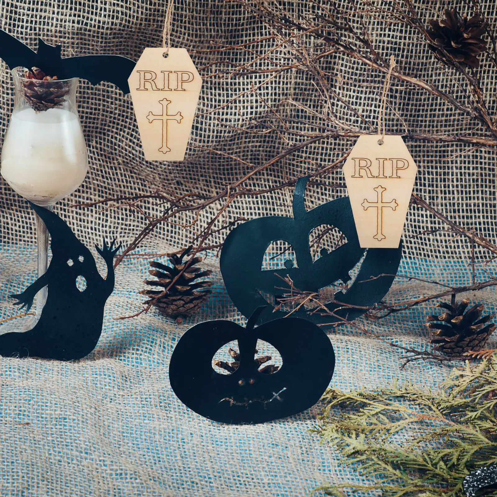 50pcs Wooden Hanging naments DIY Wood Coffin Chips Kids Craft Toys Halloween Decor Safe Materials Creativity Skills Sewing