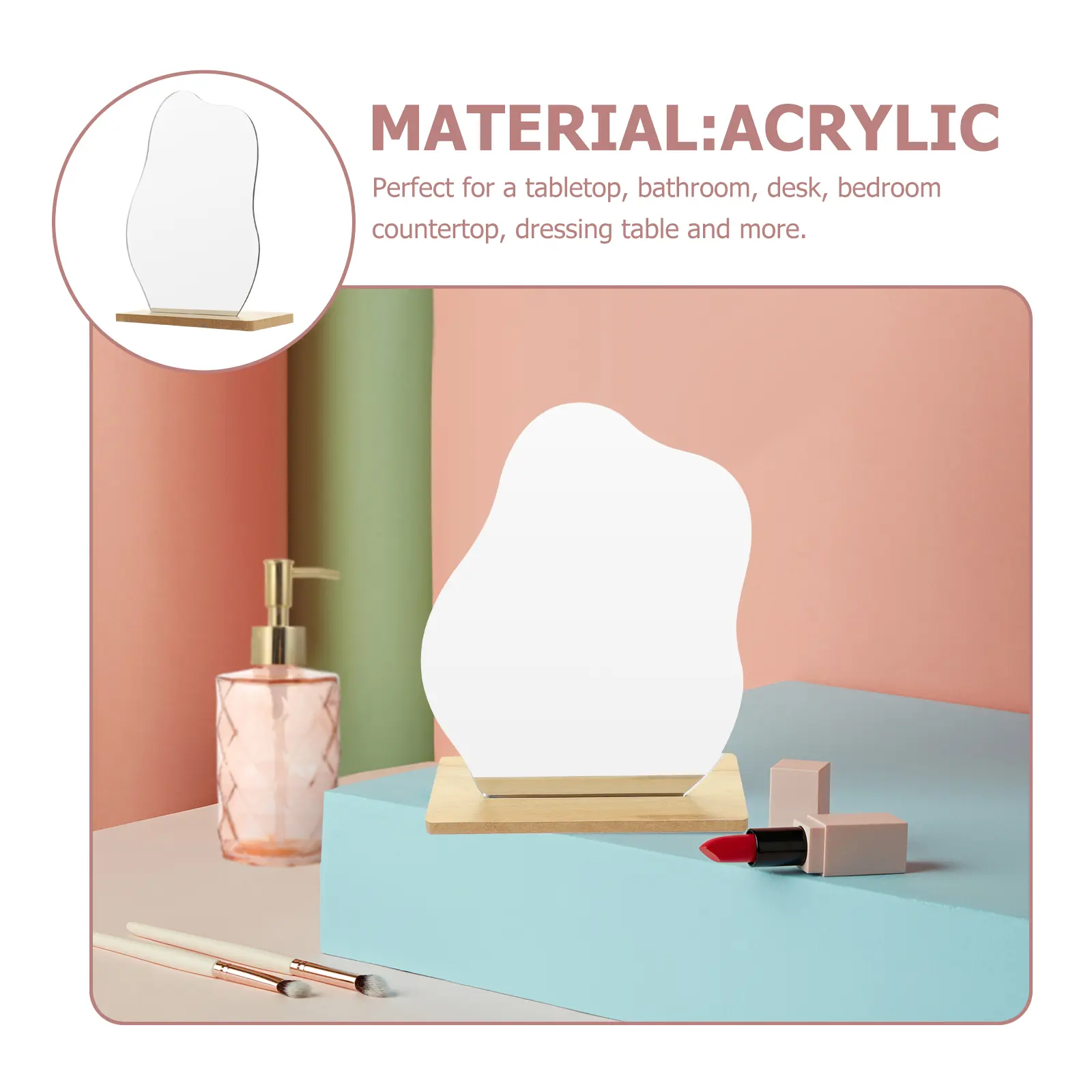 Irregular Flip Vanity Mirror with Wooden Stand for Bedroom Bathroom Desk Home Decor Portable Makeup Mirrors Acrylic Surface
