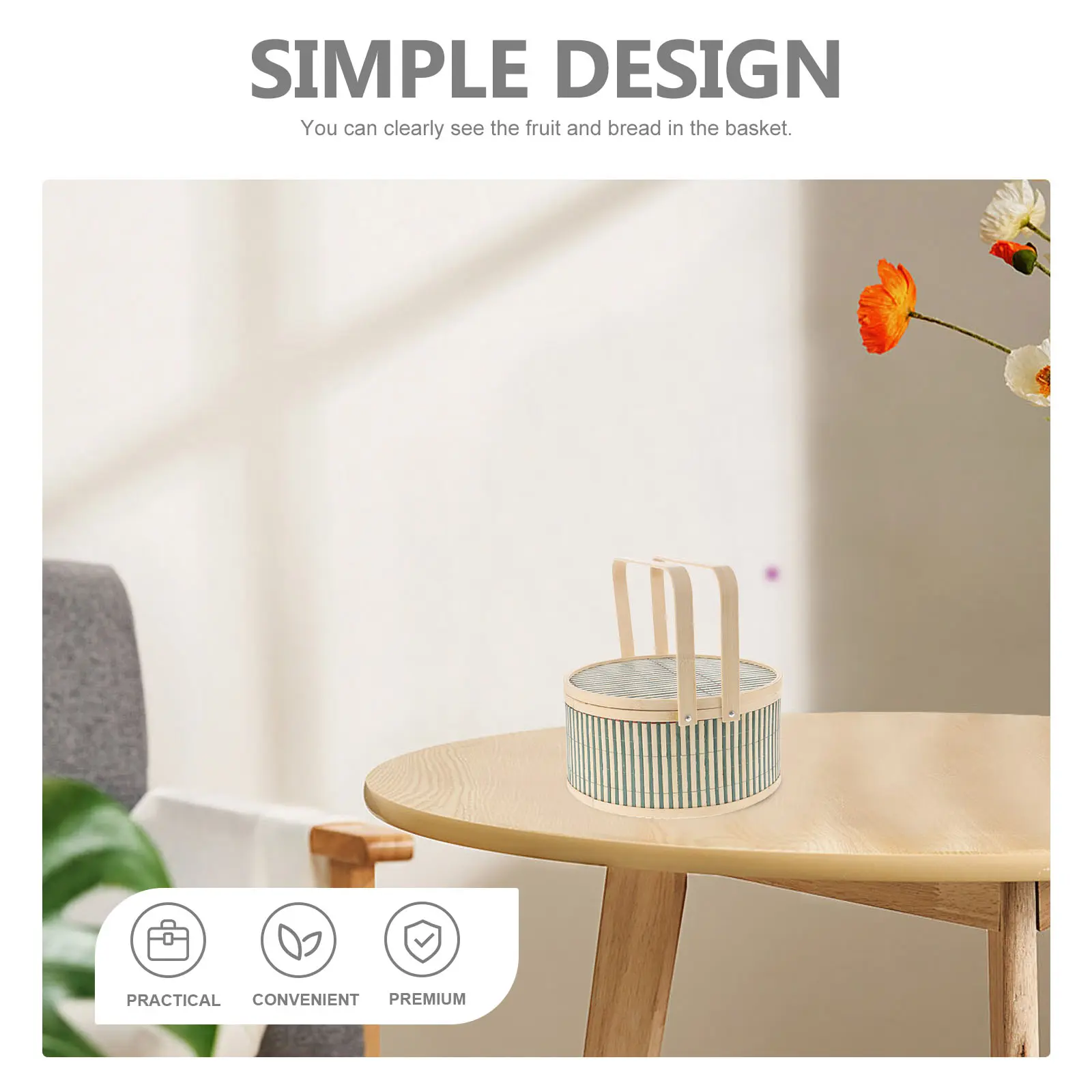 Bamboo Woven Picnic Basket 26cm Diameter 12cm Height Green Handles Storage for Fruits Snacks Household Portable Harvest Garden
