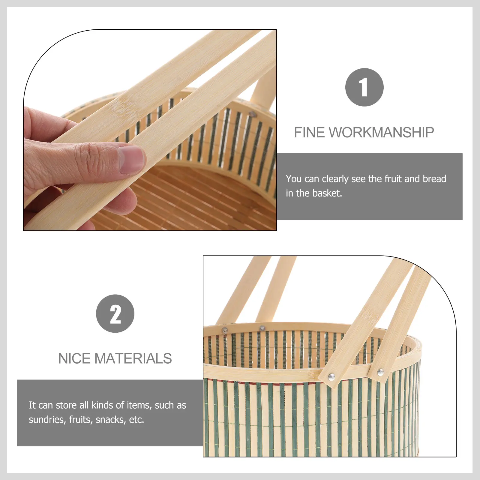Bamboo Woven Picnic Basket 26cm Diameter 12cm Height Green Handles Storage for Fruits Snacks Household Portable Harvest Garden
