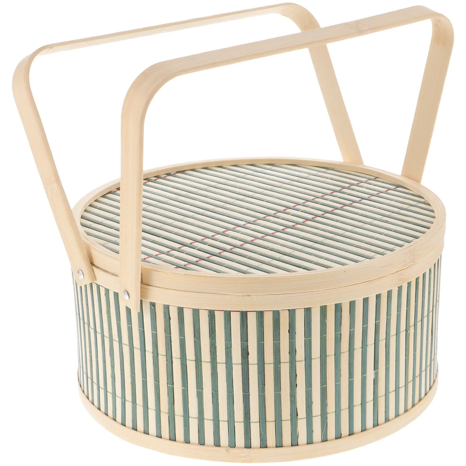 Bamboo Woven Picnic Basket 26cm Diameter 12cm Height Green Handles Storage for Fruits Snacks Household Portable Harvest Garden
