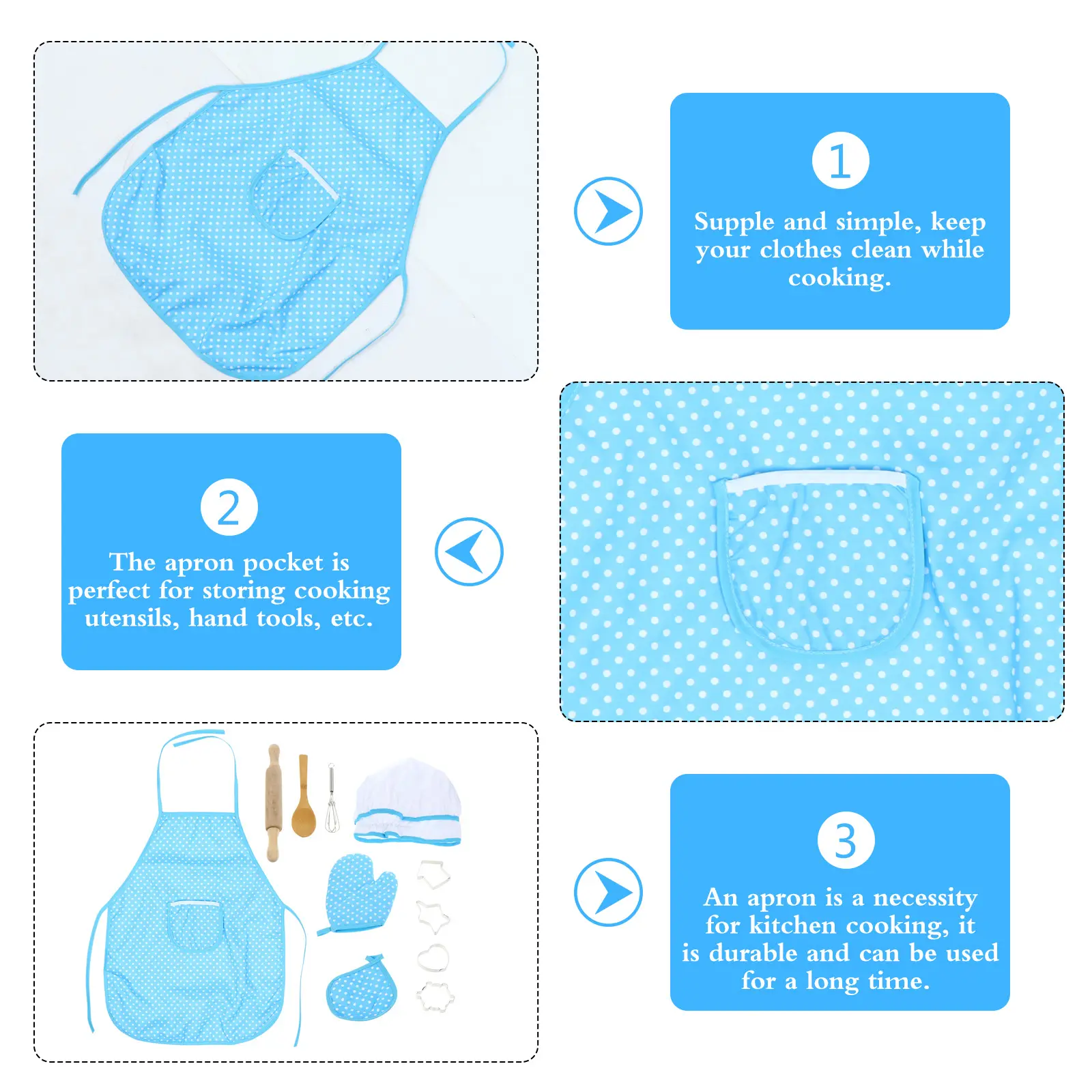 11pcs Children Kitchen Cookware Set Blue Plastic Cosplay Accessories Chef Costume Creative Pattern Apron Cloth Storage