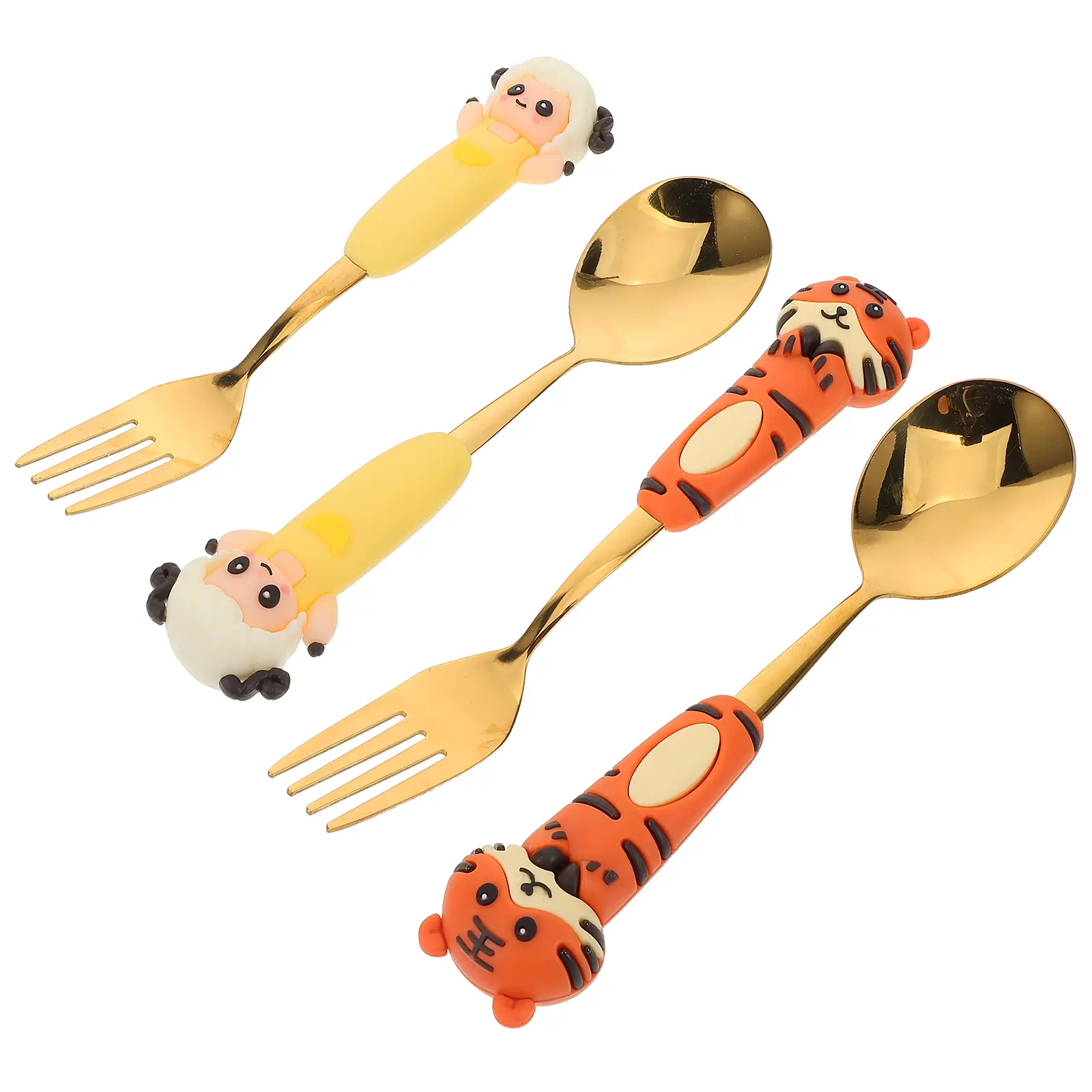 4 Pcs Cartoon Tableware Set Kids Silverware Cake Fork Utensils Spoon Animal Spoons and Forks Meals