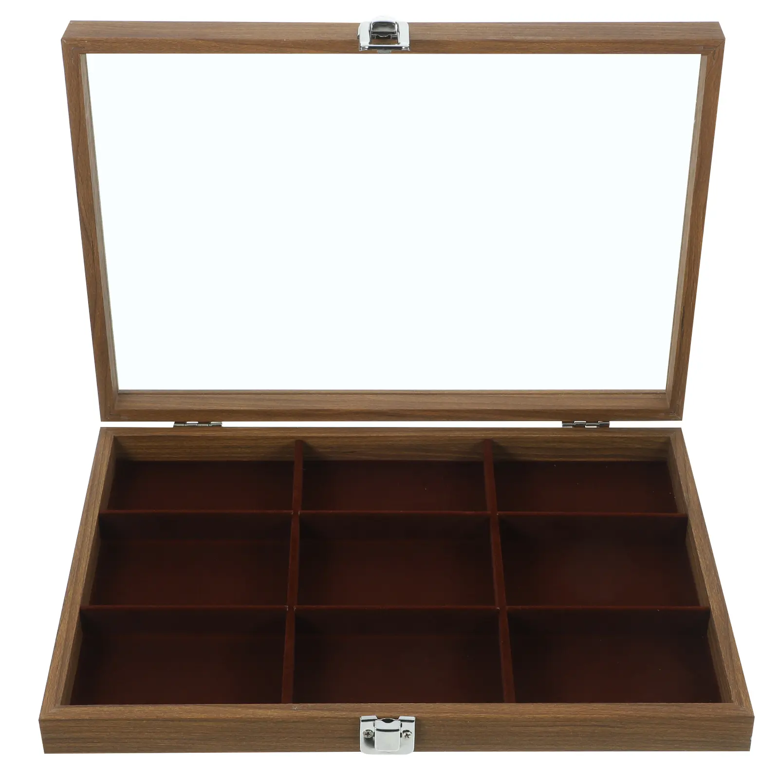 9 Grid Walnut Wood Jewelry Box Clear Lid Portable Multi Compartment Storage Display Case for Accessories Bracelets Necklaces