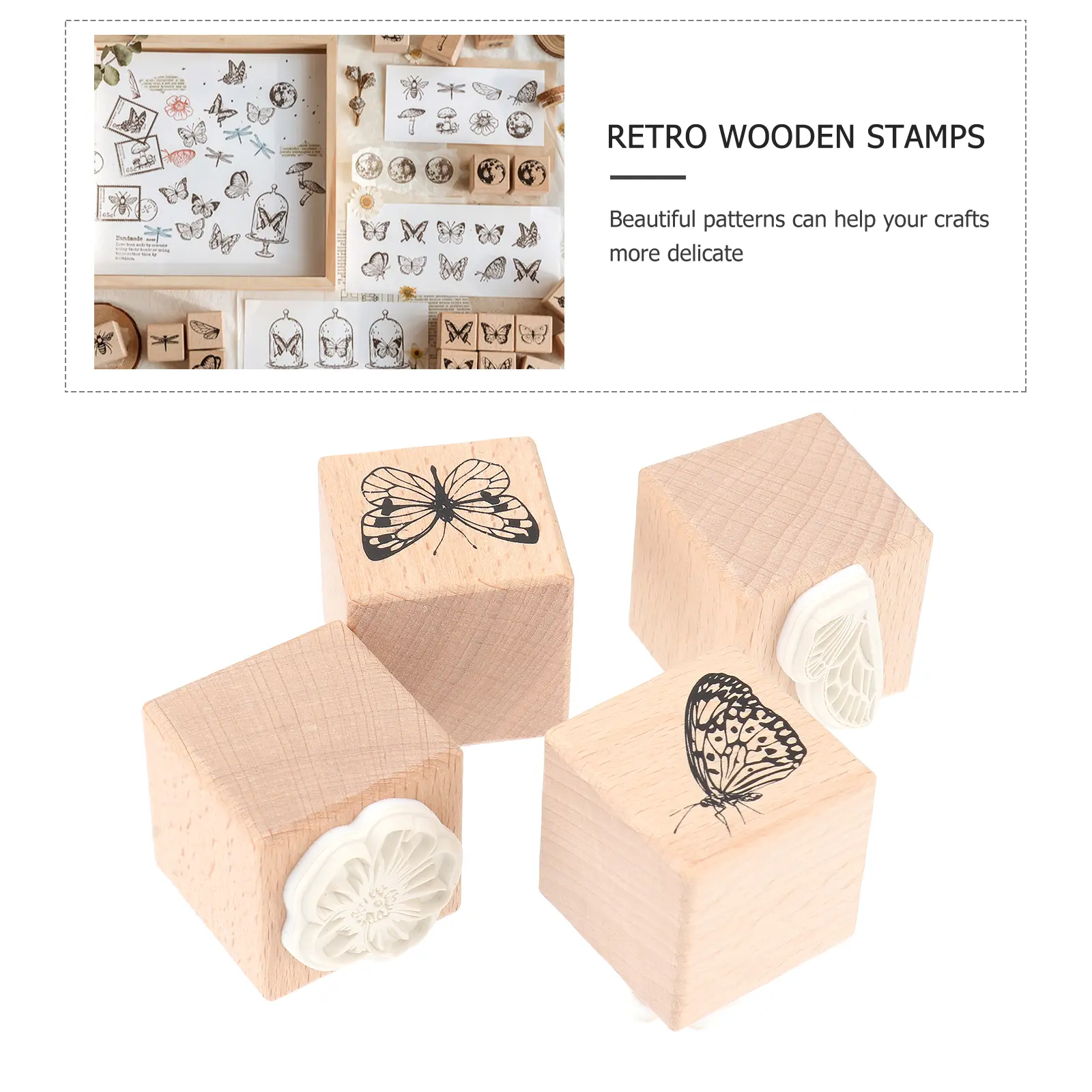 4pcs Wooden Butterfly Stamps for DIY Scrapbook Photo Album Cards Decorative Rubber Stamp Set Retro Craft