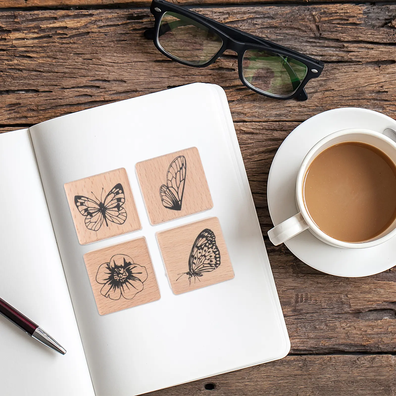 4pcs Wooden Butterfly Stamps for DIY Scrapbook Photo Album Cards Decorative Rubber Stamp Set Retro Craft
