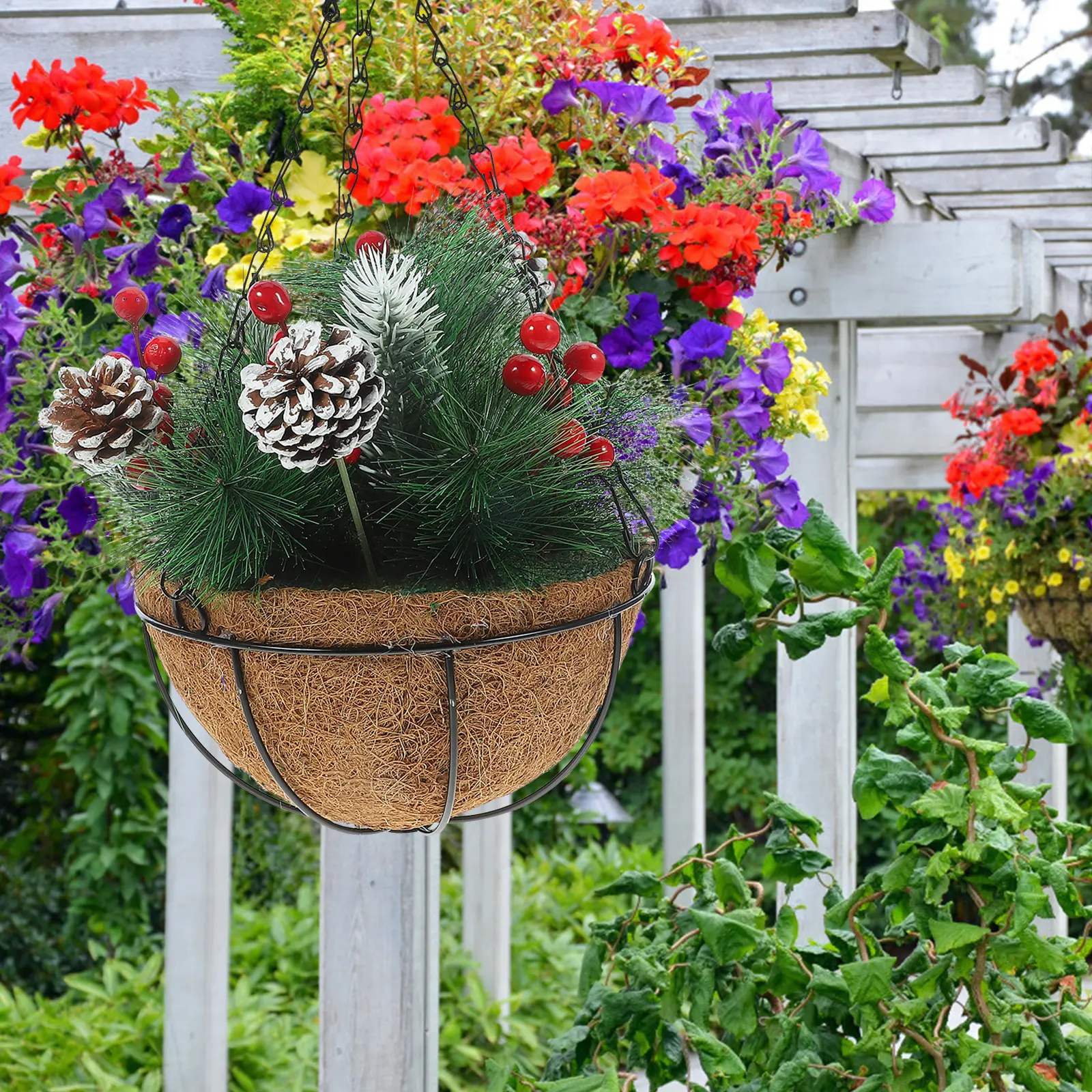 1pc Christmas Hanging Basket Decorations Festive Scene Pendant Outdoor Front Porch Plastic Baskets Xmas Flower Basket