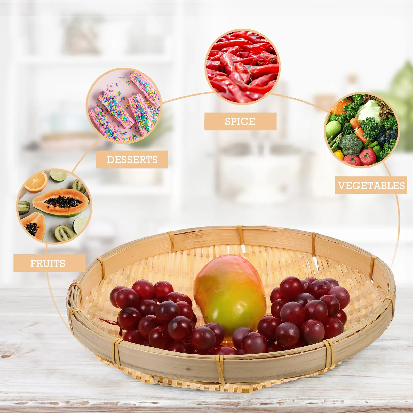 Traditional Fruit Basket Bamboo Sieve Storage Manual Vegetable Baskets for Kitchens