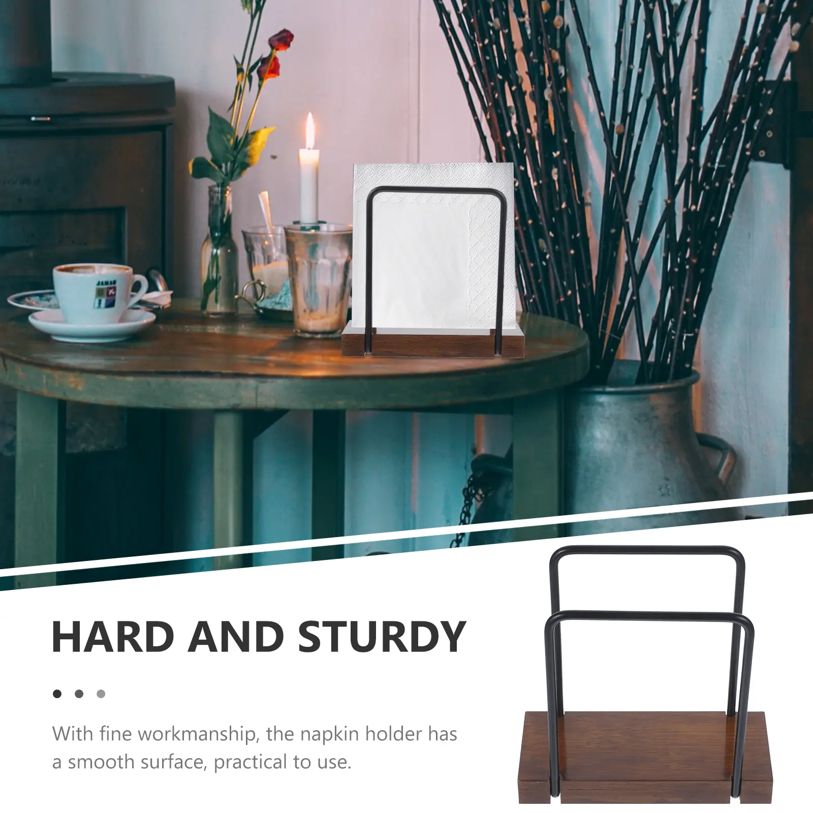 Rustic Napkin Holder Stand Iron Wood Table Holder Farmhouse Style Paper Napkin Dispenser for Kitchen Bar