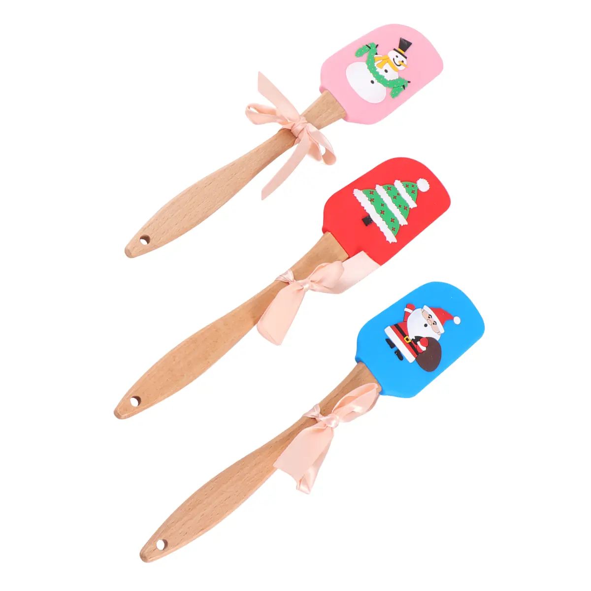 3pcs Xmas Butter Spatula Silicone Cake Scraper Edible Bamboo Kitchen Tool Pastry Mixing Fold Dough Heat Resistant Storage Hole