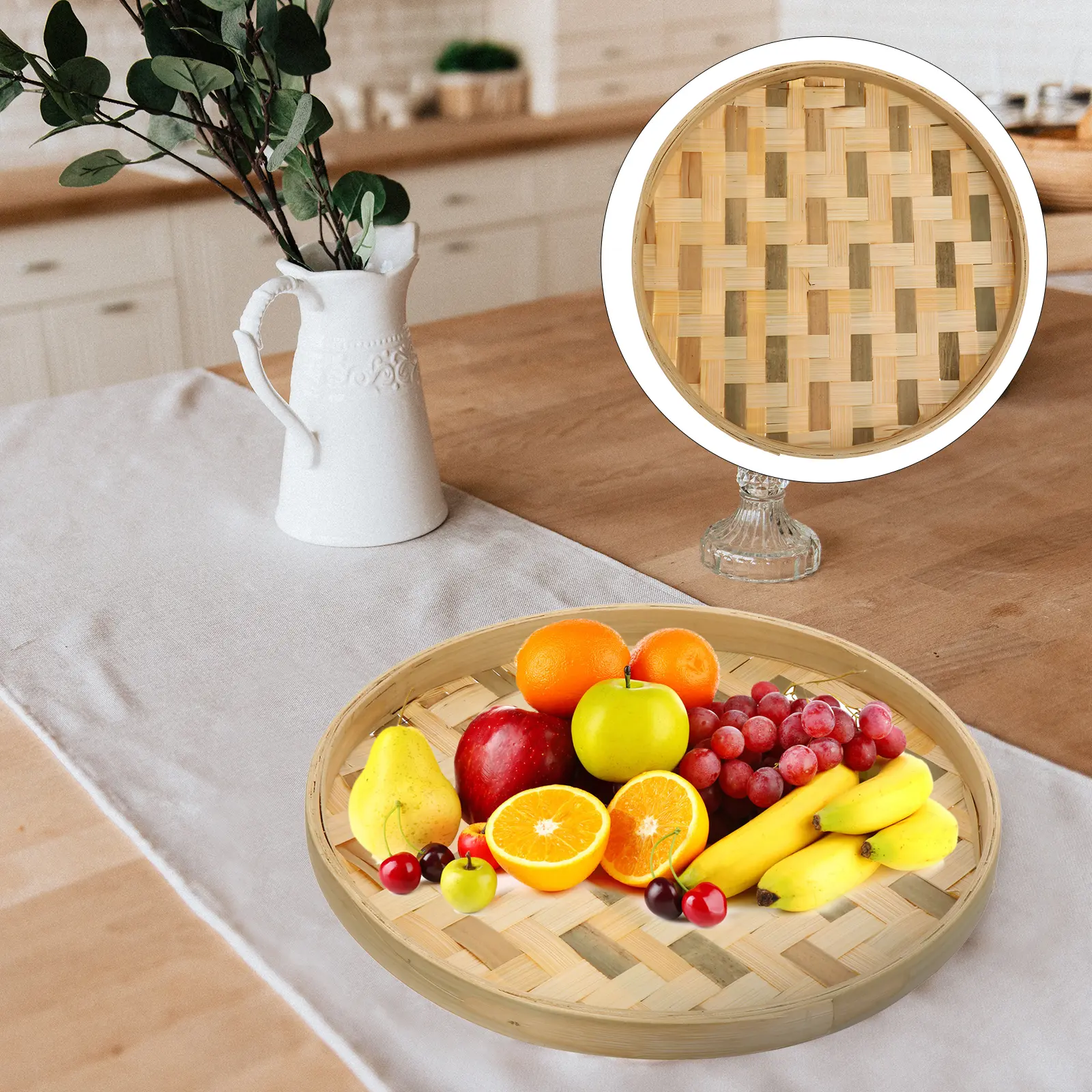 Bamboo Dustpan Sieve Tray H woven Khaki Color Household Kitchen Food Storage Drying Rack Basket Container