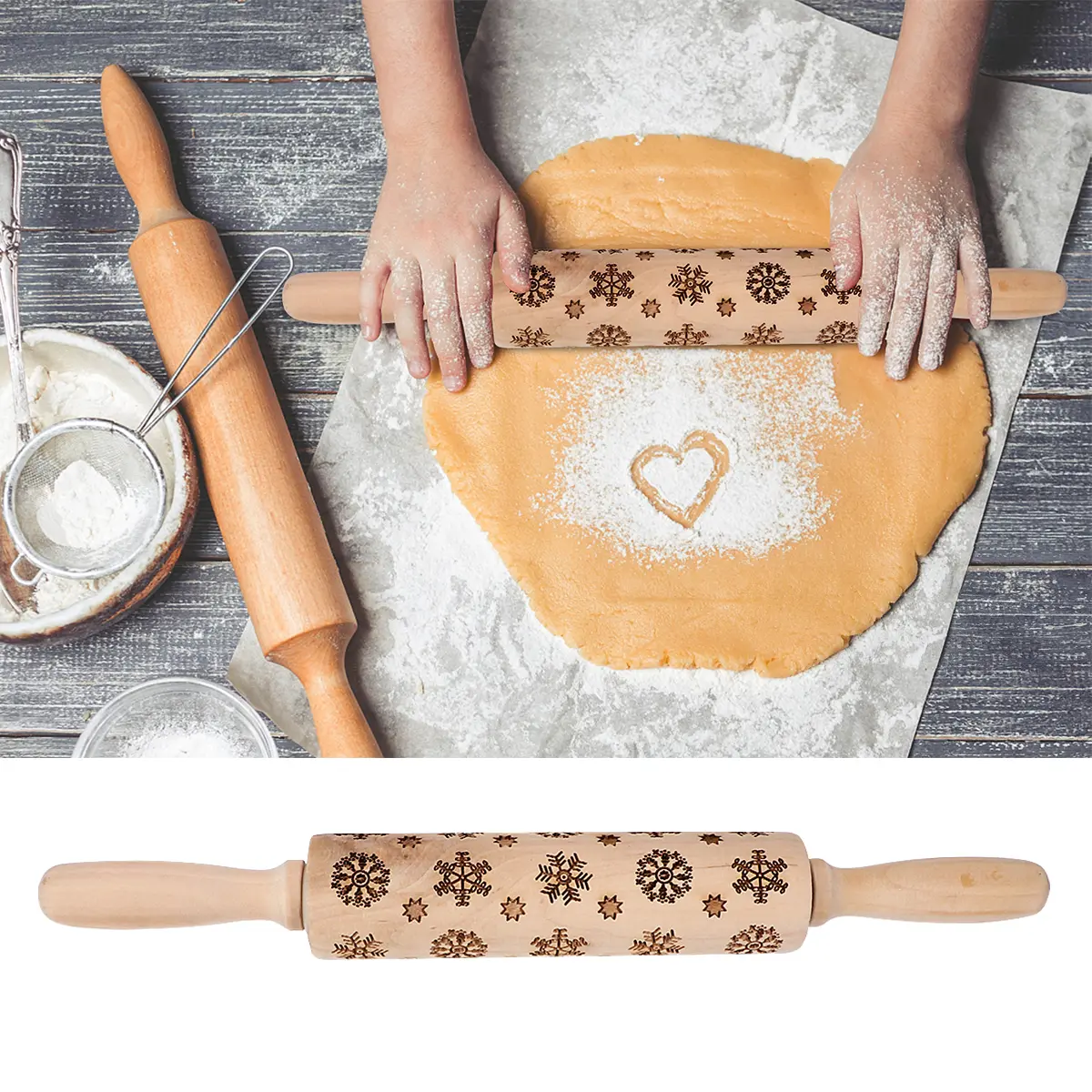 Wooden Rolling Pin Snowflake Patterns for Baking Cookies Christmas Tools Practical Use Premium Material Essential Baking Kitchen