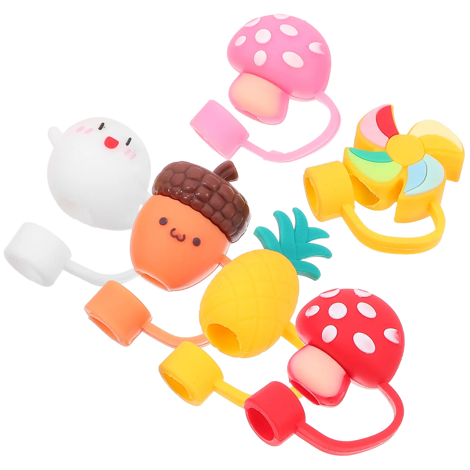 6pcs Silicone Cover Cute Dust Cap Lids Pineapple Dolphin Decor Reusable Straw Tips Toppers Gel Straw Plugs Gifts